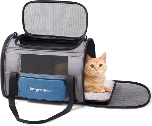 BurgeonNest Cat Carrier for Large Cats 20 lbs,Medium Pet Under 25 lbs,2 Puppy and Small Dogs with Unique Side Bag,Top Load Pet Carrier Soft-Sided Escape Proof with 4 Ventilated Windows