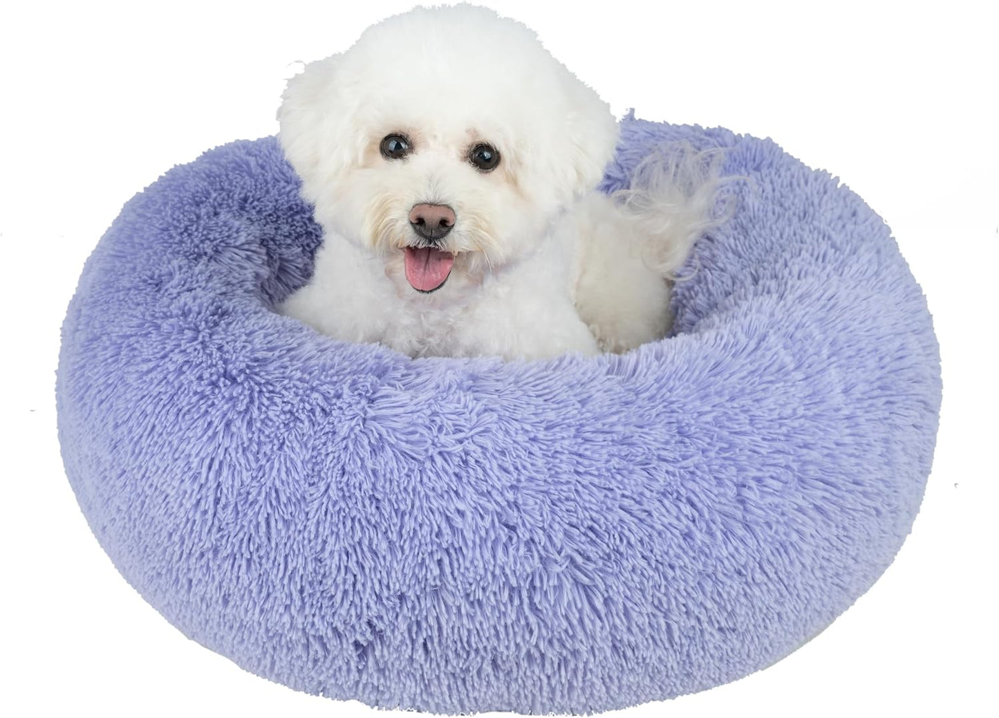 Best Pet Supplies Round Donut Dog Bed with Plush Faux Fur Fabric, Calming, Anti-Anxiety Cushion for Indoor Pets, Slip-Resistant Base, Soft Ergonomic Support - Lavender, 24x24x7''