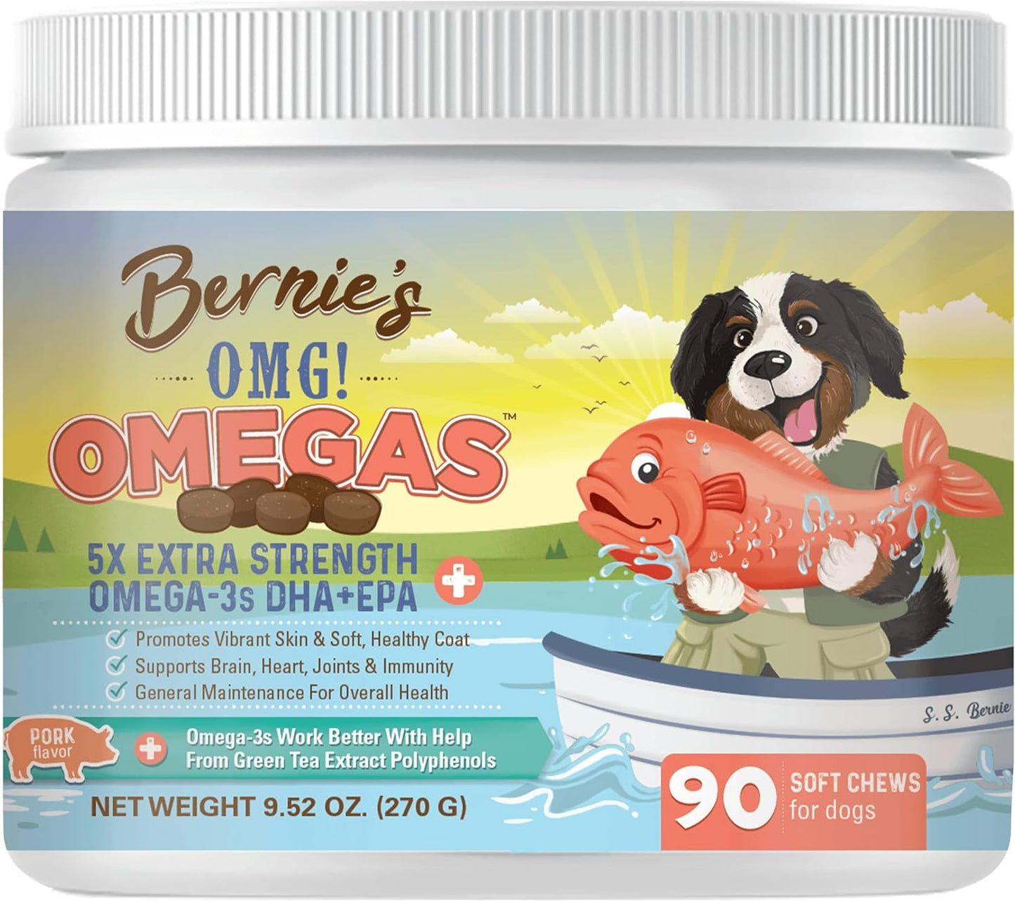 Bernie’s OMG! Omegas Chews for Dogs - 5X Extra Strength DHA+EPA, Fish Oil, Healthy Skin & Coat, Allergy Relief, Joint Supplement (Pork Flavor)