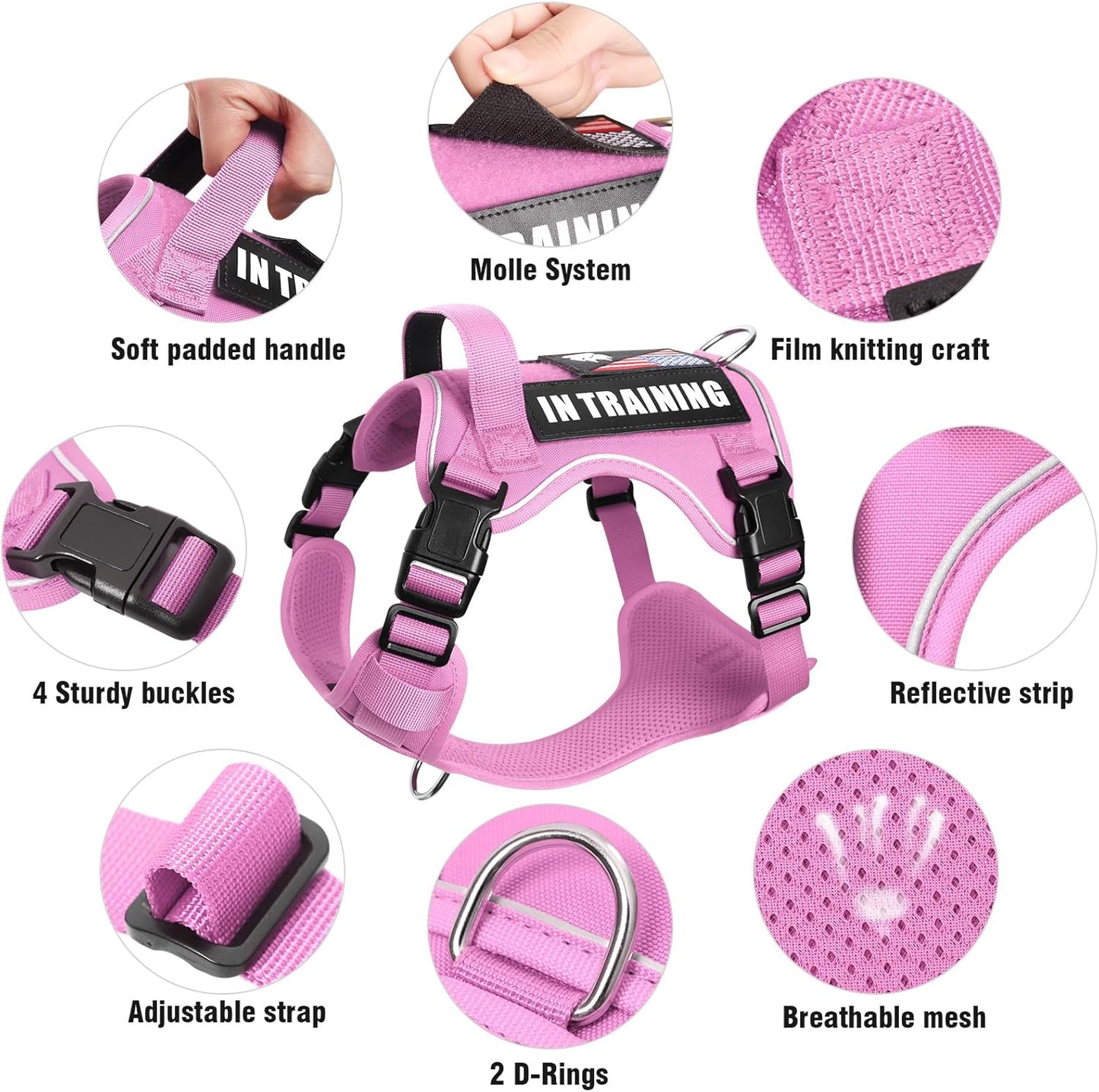 WINSEE Service Dog in Training Harness with 5 PCS Patches, Reflective Tactical Dog Vest Harness, Adjustable Soft Oxford Pet Harness with Easy Control Handle, Hook & Loop Panels for Walking Hiking