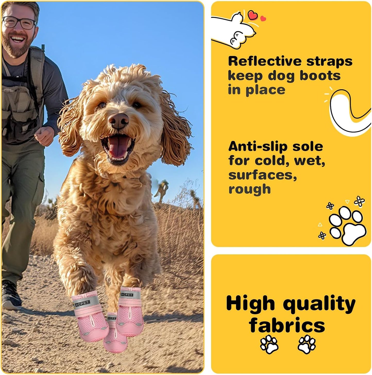 Hcpet Dog Shoes for Large Dogs, Breathable Dog Booties for Small Medium Dogs, Anti-Slip Dog Boots & Paw Protectors for Hot Pavement Winter Snow Hiking with Reflective Straps Pink Size 7
