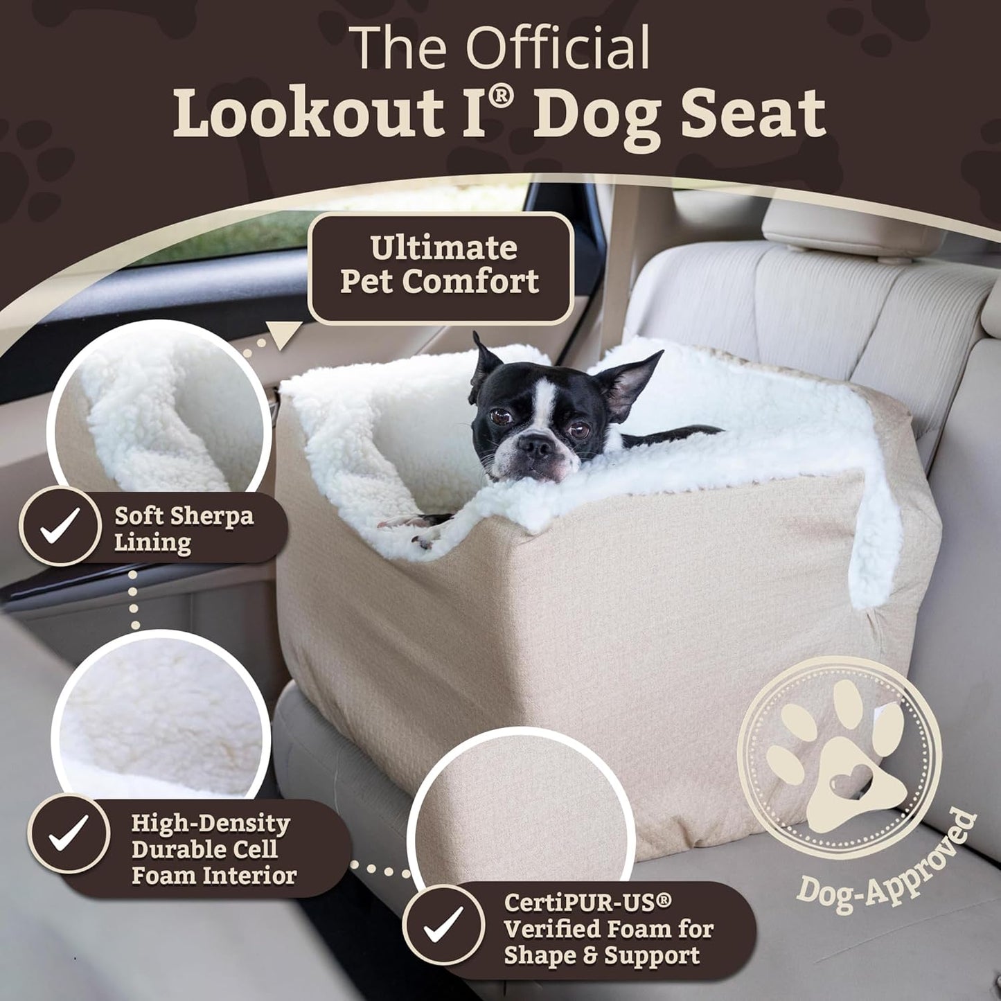 Snoozer Lookout I Dog Car Seat - Dog Car Seats for Small Dogs, Puppy Booster Bed for Small Sized Pets up to 18 Lbs, Elevated, Washable - Size S, Birch Diamond