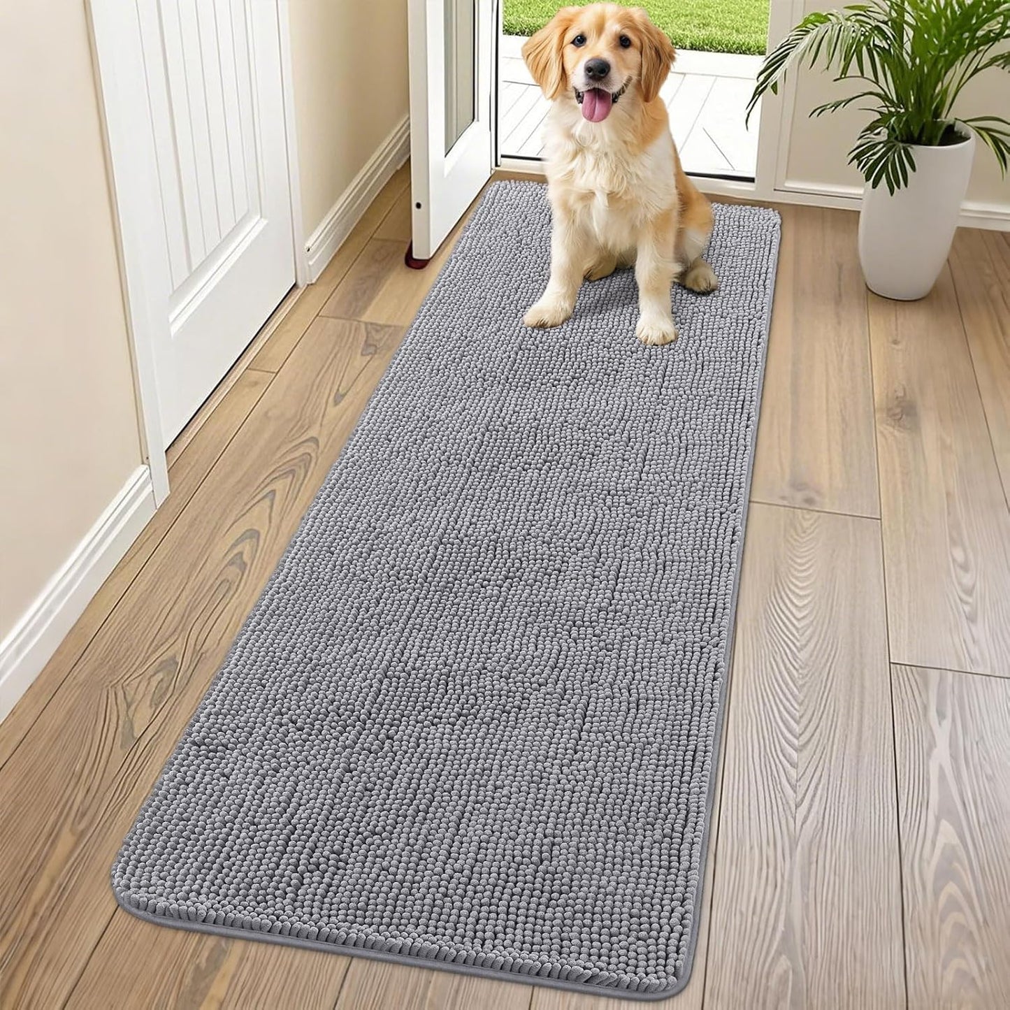 Smiry Dog Door Mat for Muddy Paws 70x24, Absorbs Moisture and Dirt Doormat, Non-Slip Washable Quick Dry Chenille Front Door Mat Indoor Entrance, Entryway Carpet for Inside Floor, Grey