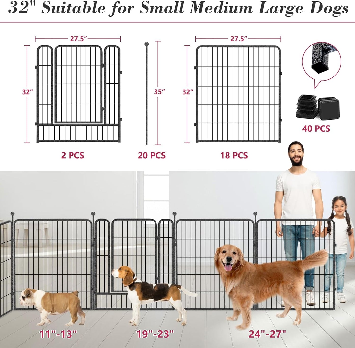 Dog Playpen 32 inch 20 Panels Indoor Outdoor Dog Pen for Medium/Small Dogs Heavy Duty Metal Dog Fence Outdoor for Yard, Puppy Playpen with Door Portable Pet Fence for RV Camping Yard
