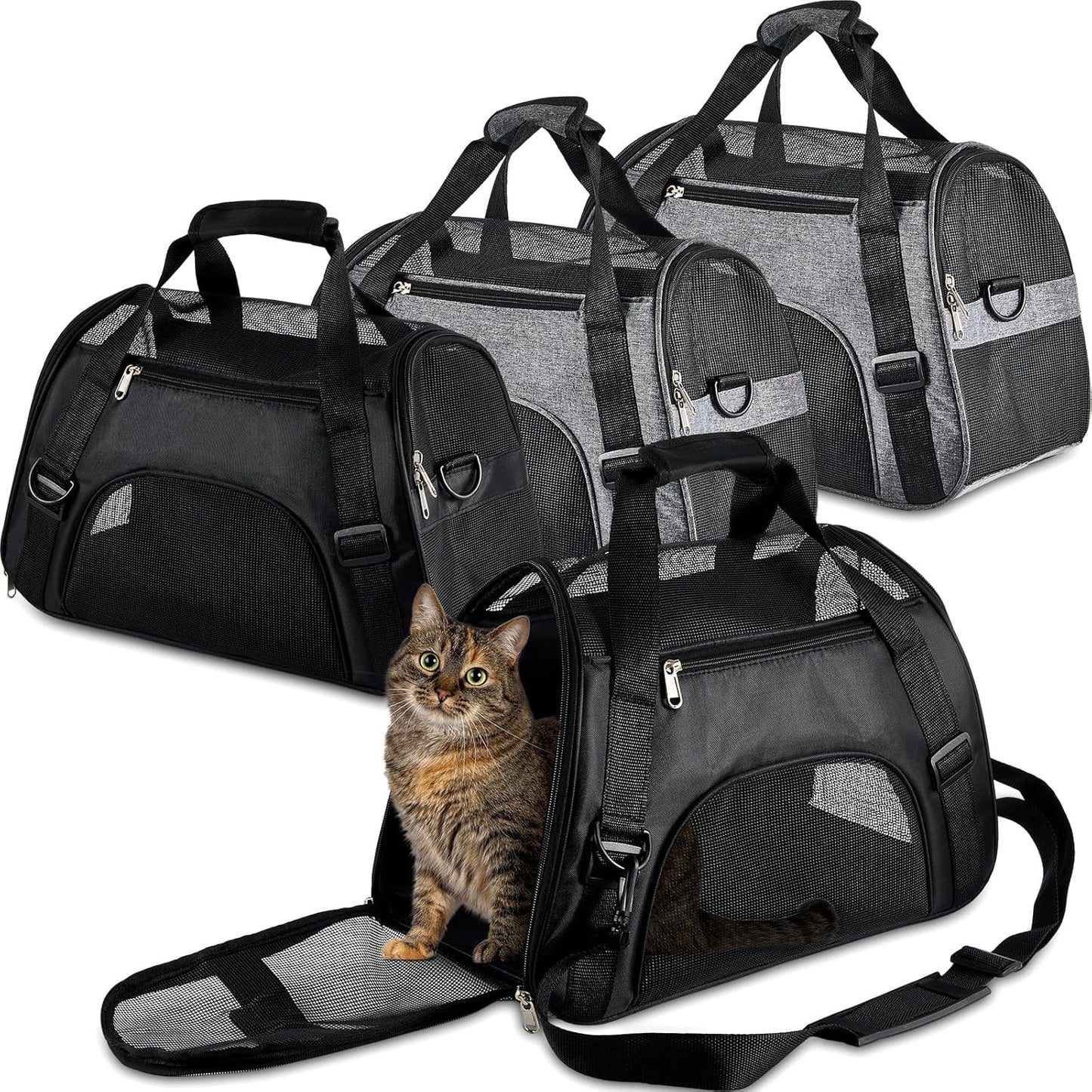 Sweetude 4 Pcs Cat Carrier Soft-Sided Pet Carrying Bag for Cat Under 13 Lbs, 16.9 x 11x 7.5 Inch, Portable Foldable Comfortable Bag for Small Pet Travel(Black, Gray)