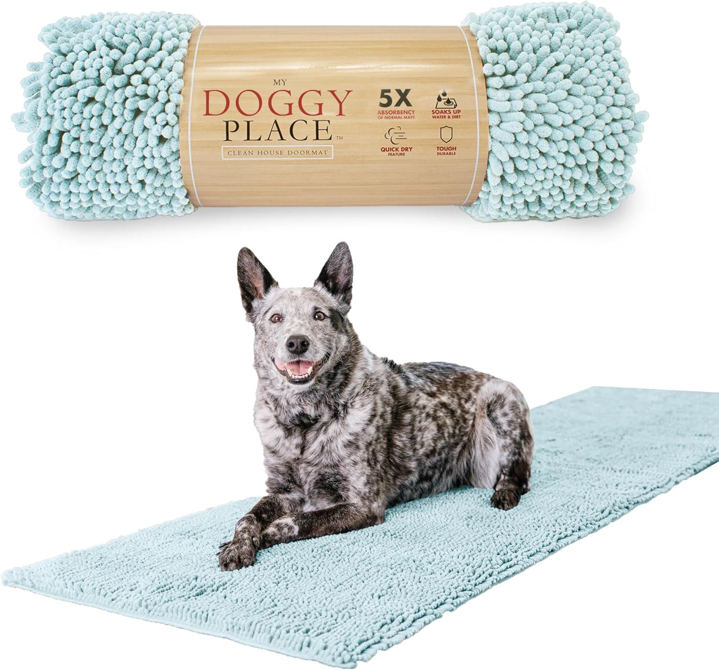 My Doggy Place Microfiber Dog Mat for Muddy Paws, 8' x 2' Light Blue - Non-Slip, Absorbent and Quick-Drying Dog Paw Cleaning Mat, Washer and Dryer Safe - Hallway Runner