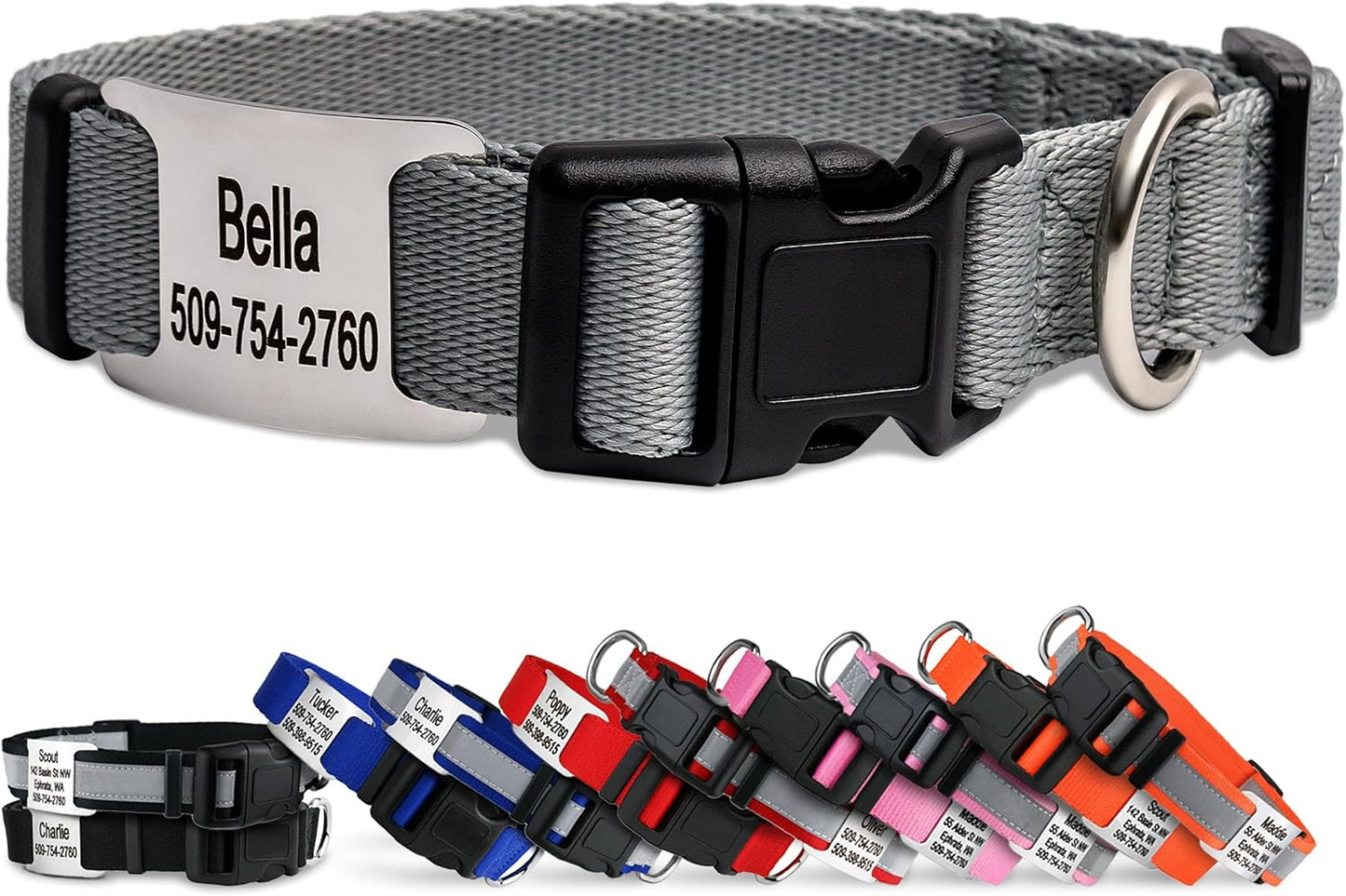 GoTags Personalized Dog Collar with Nameplate, Adjustable Dog Collar with Custom Engraved Slide On Pet ID Tag in Stainless Steel, Silent, No Noise Dog Tag (Light Gray, Medium)