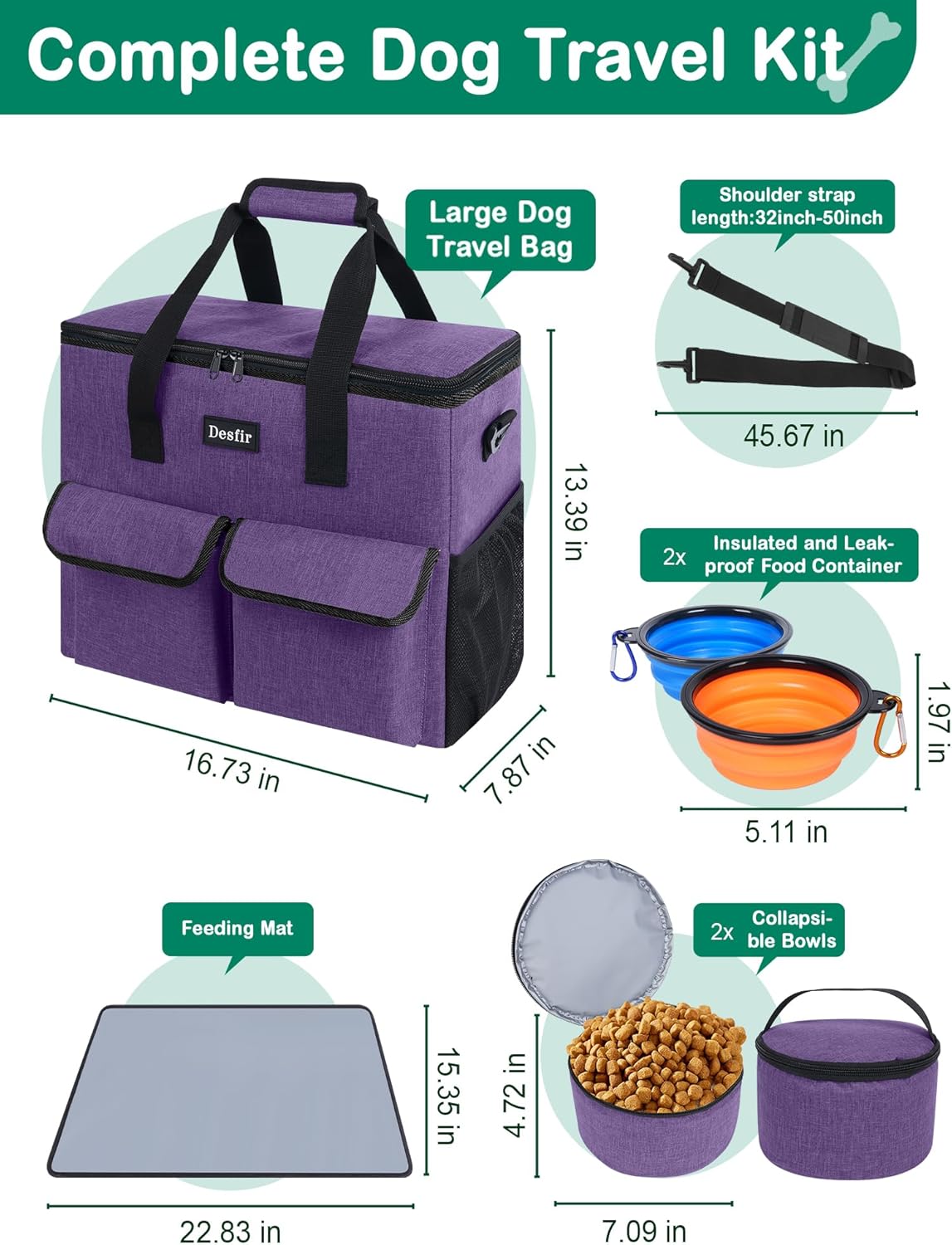 Large Pet Travel Bag Organizer - Dog & Cat Tote with Food Containers, Bowls, Feeding Mat, Perfect for Camping, Hiking (Multi-Pocket Design)