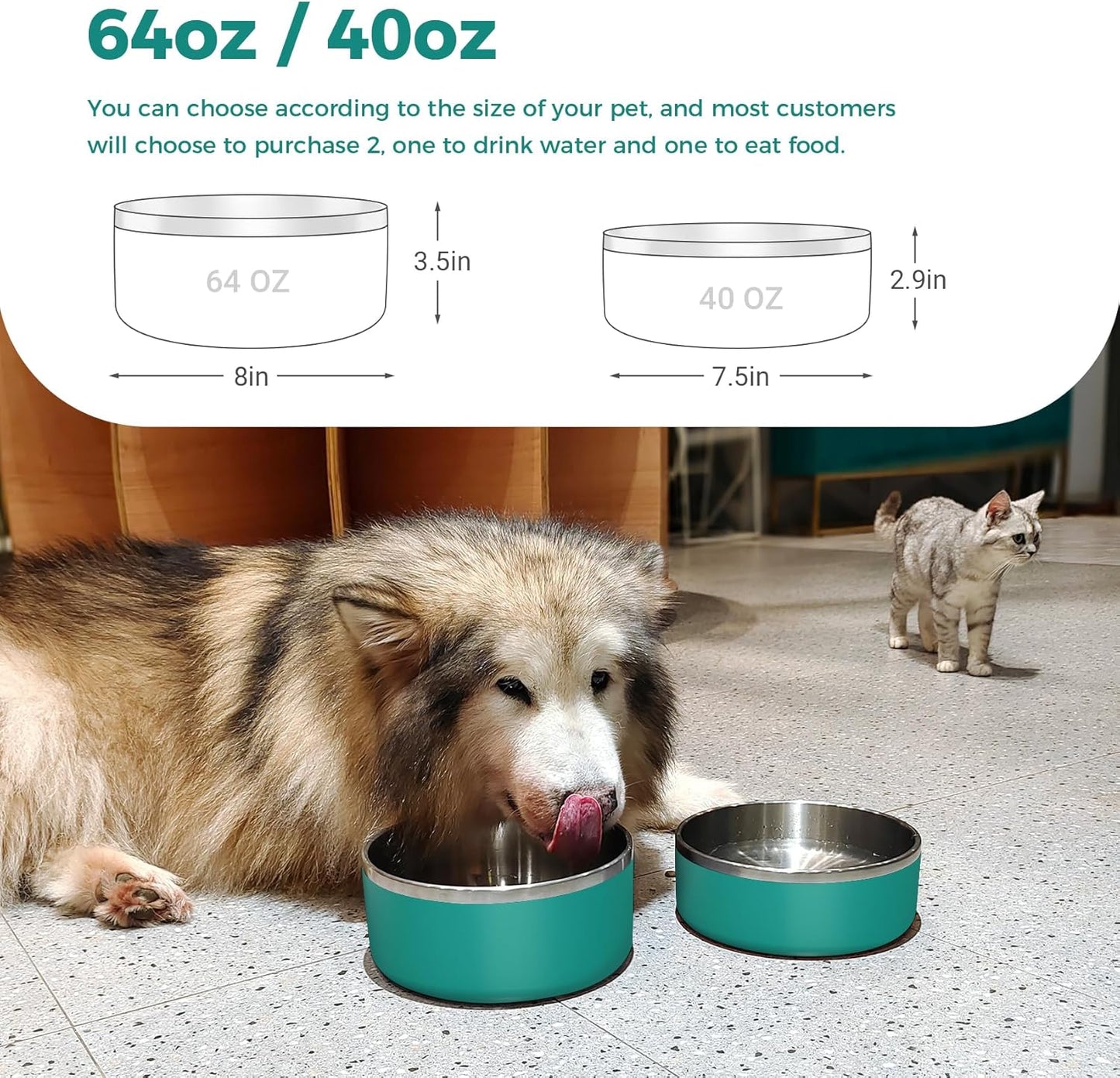 Dog Bowl, Stainless Steel Dog Food and Water Bowl with Non Slip Quiet Bottom, Easy to Clean, Dishwasher Safe, 64oz, Deep Green