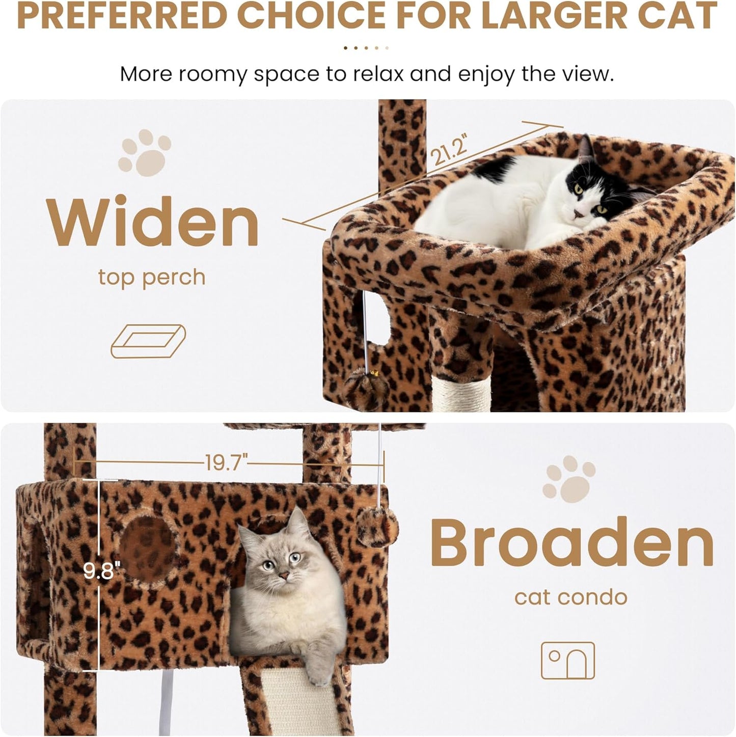SHA CERLIN 65in Larger Cat Tree Tower Condo for Indoor Kitties/Multi-Level Furniture Activity Center with Wide Base/Cozy Plush Cat Perches/Baskets/Sisal Scratching Posts and Hammock/Leopard Print
