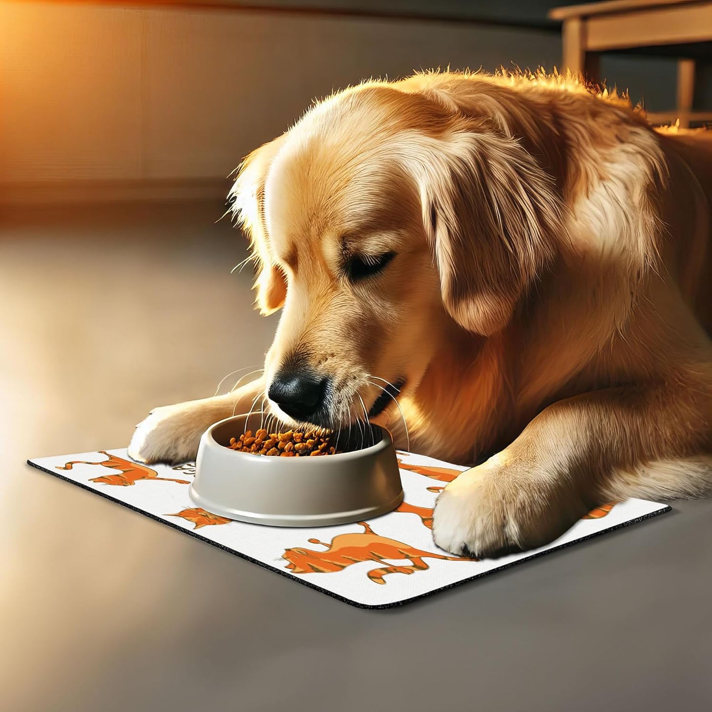 Lunarable Cat Pet Mat for Food and Water, Cats Doing Funny Fitness Exercises and Flexibility Position Sports Stretch Gymnastics, Non-Slip Rubber Mat for Dogs and Cats, 18" X 12", Orange White