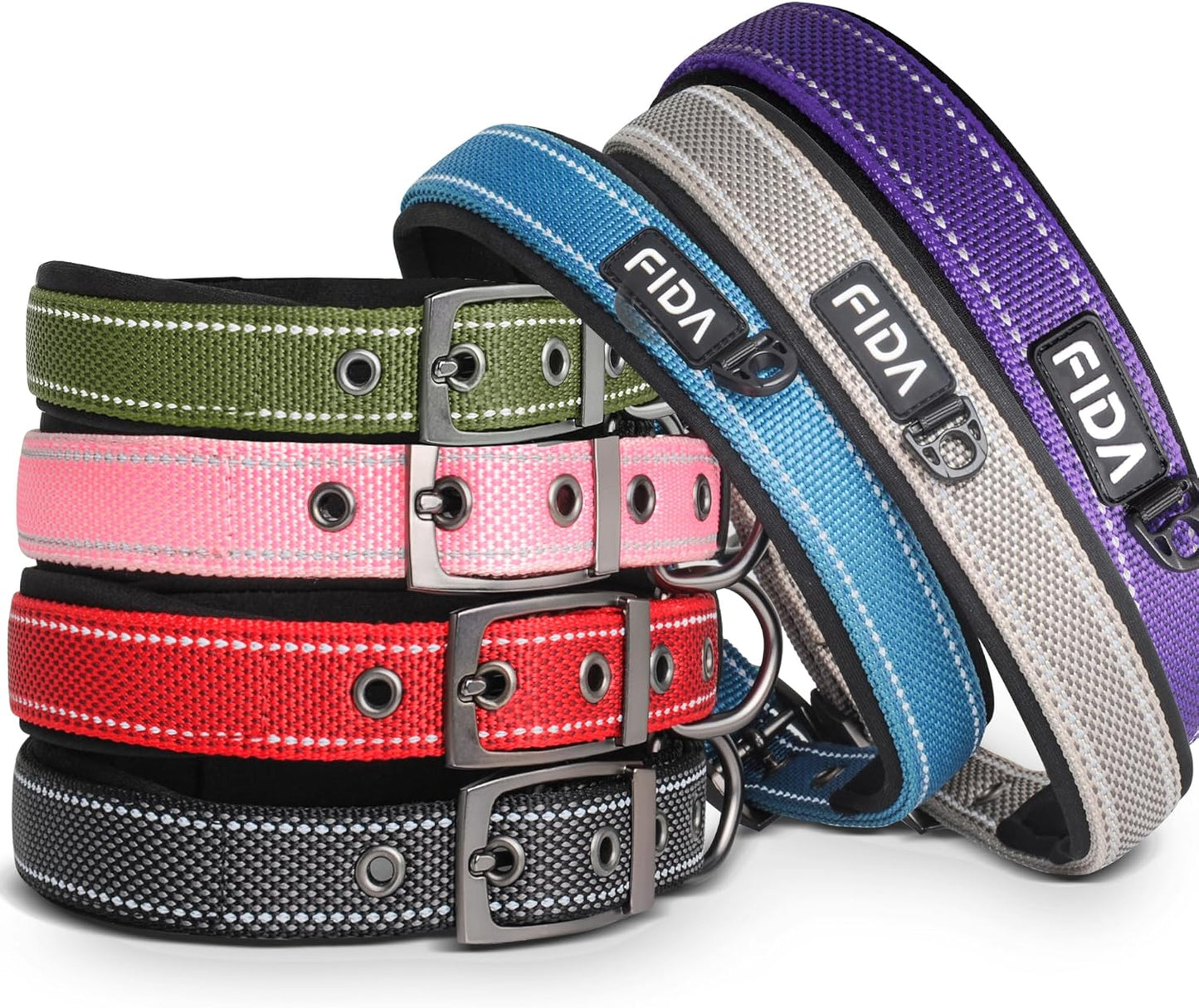 Fida Heavy Duty Dog Collar, Ultra Comfortable Soft Neoprene Padded, Adjustable Reflective Nylon Pet Collar with Durable Metal Belt Buckle for Medium Breeds (M, Purple)