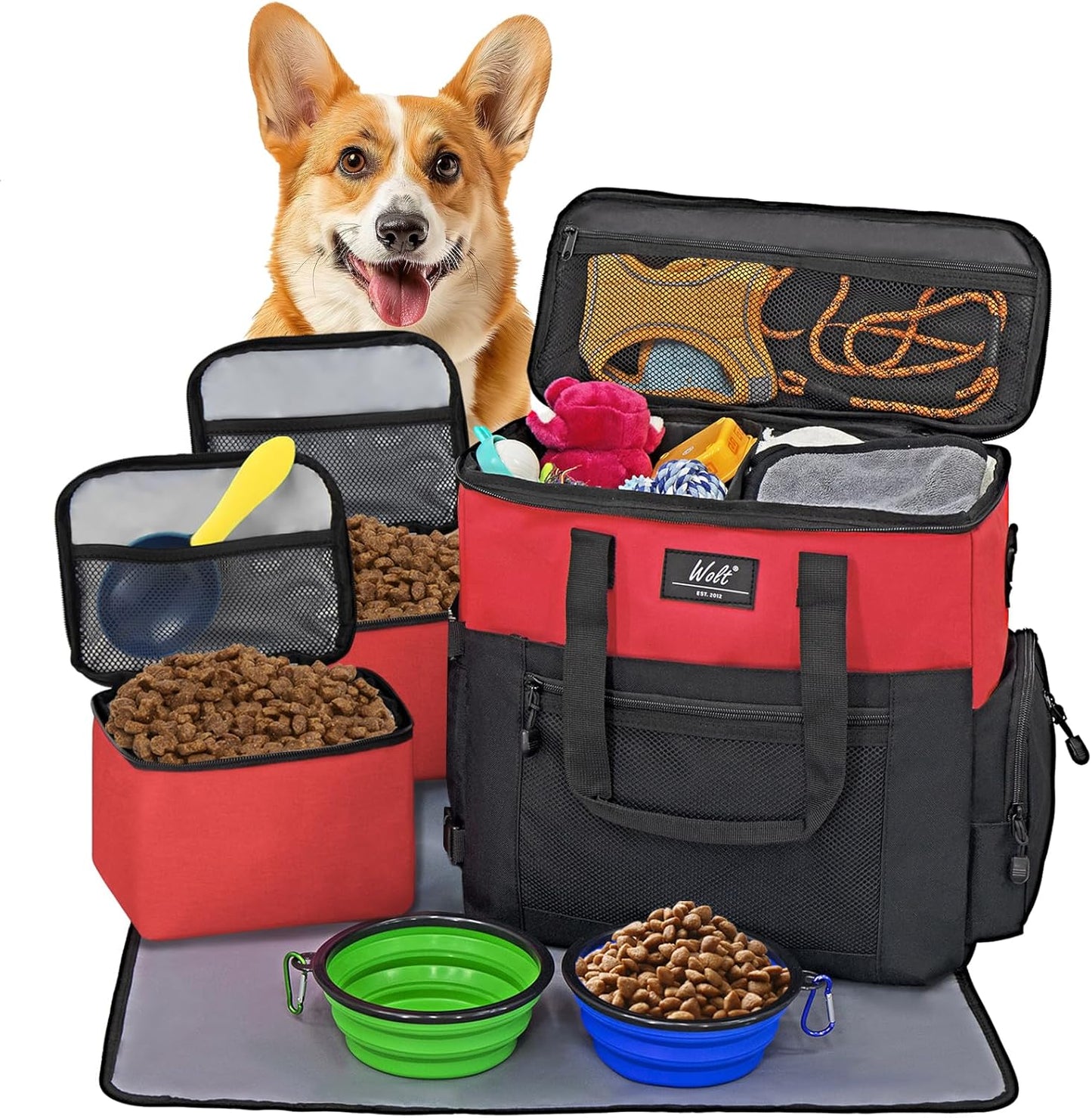 WOLT Dog Travel Bag Dog Bag for Traveling and Supplies with 2 Collapsible Bowls, 2 Food Containers, 1 Place Mat, Red