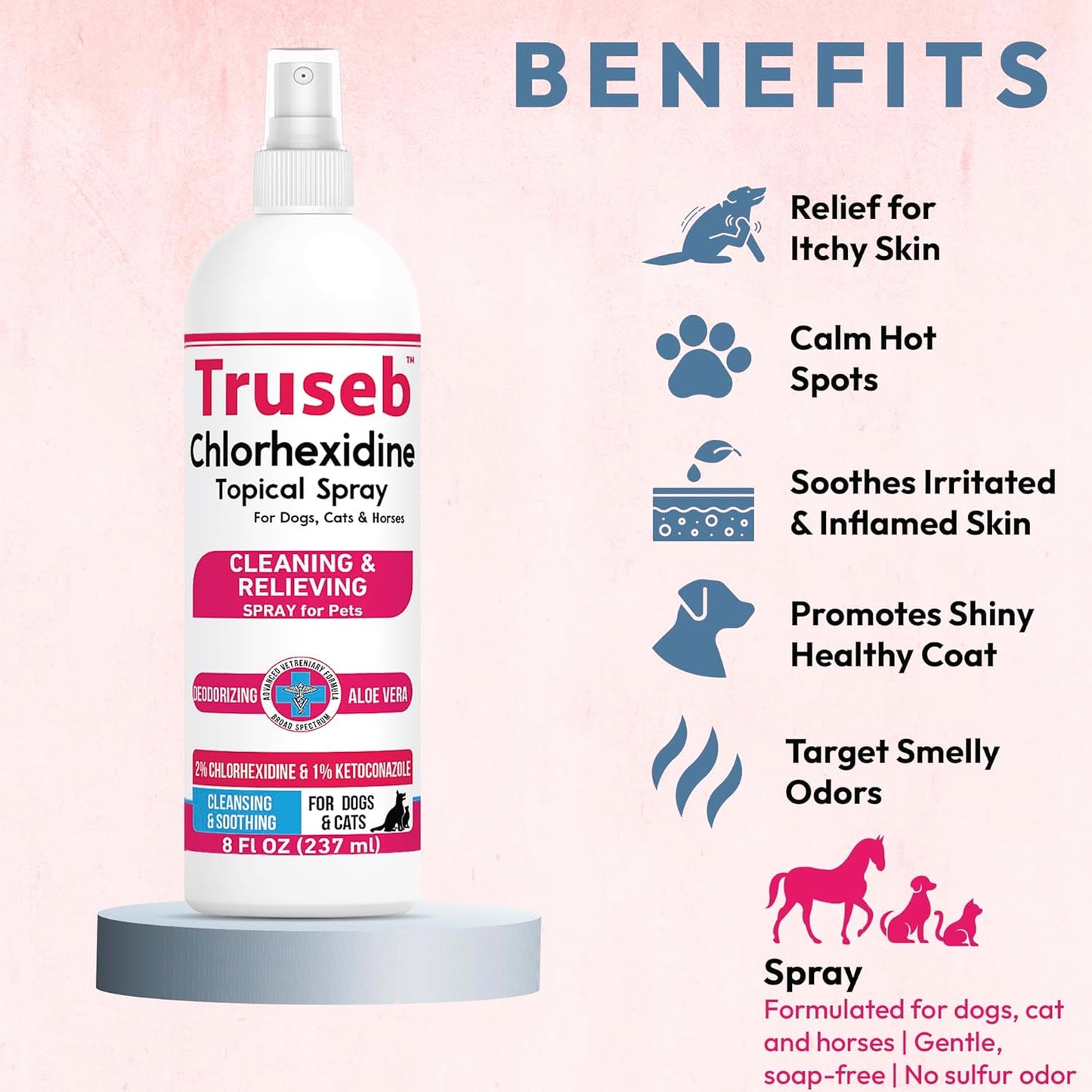 Truseb Topical Ketoconazole and Chlorhexidine Spray for Dogs, Cats, and Horses with Essential Fatty Acids, Aloe and Vitamin E- 16 oz (Ketoconazole & Chlorhexidine Spray, 16 oz)