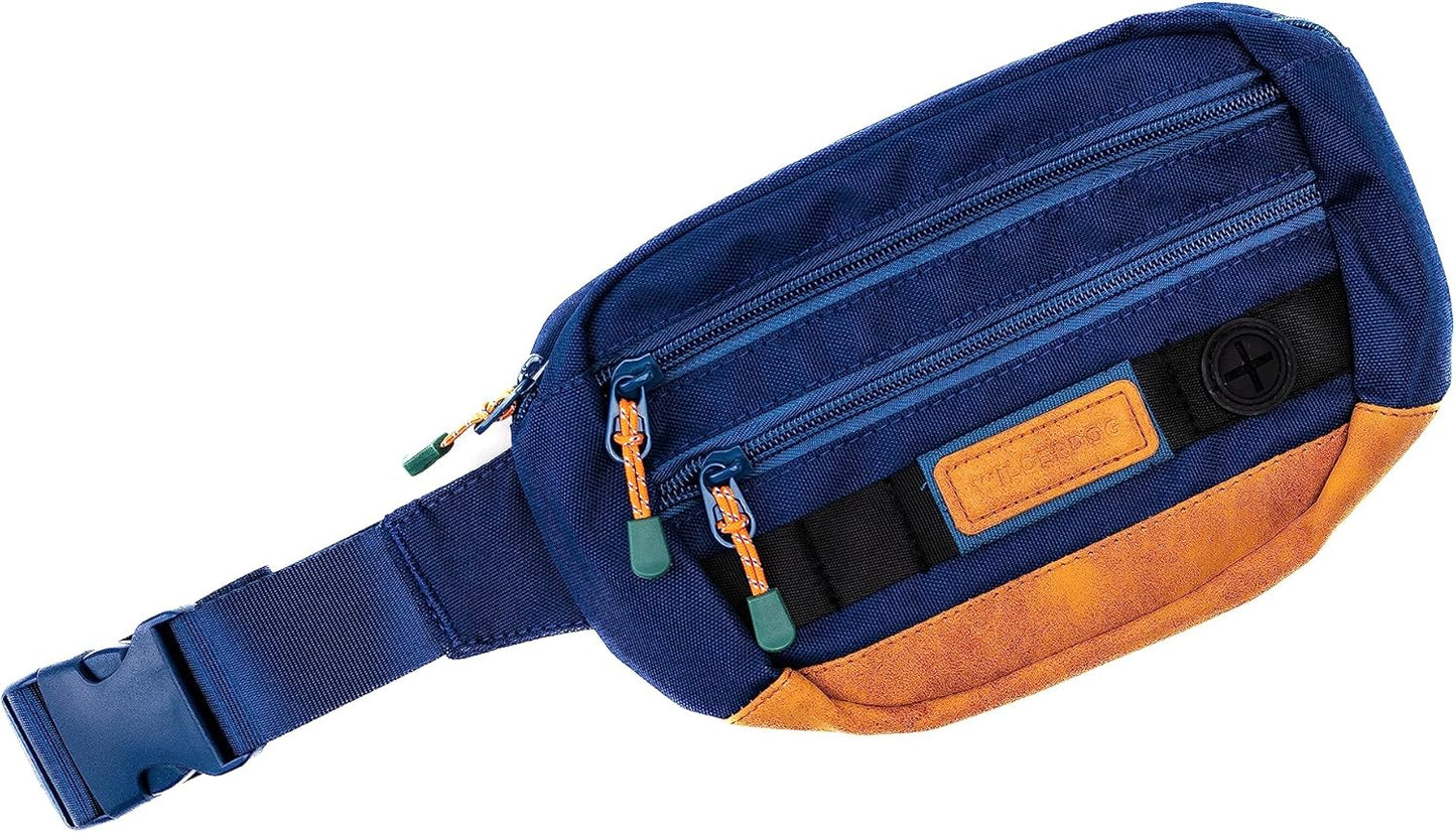 Wilderdog Utility Fanny Pack stores Treats, Balls, Keys in 3 Pockets with adjustable strap and Poop Bag dispenser (Pacific Blue)