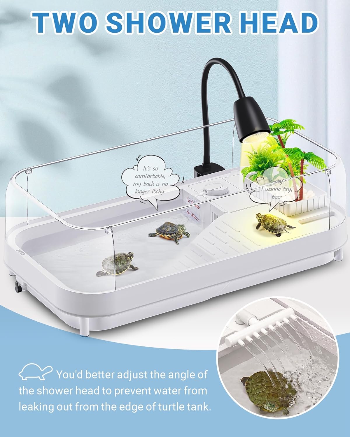 Large Turtle Tank Kit (Tank + Lamp + Filter), Acrylic Turtle Tank Starter Kit, Tank Aquarium with Heightened and Curved Fences, Bottom Drainage, Multi-Function Areas (Black Lamp)