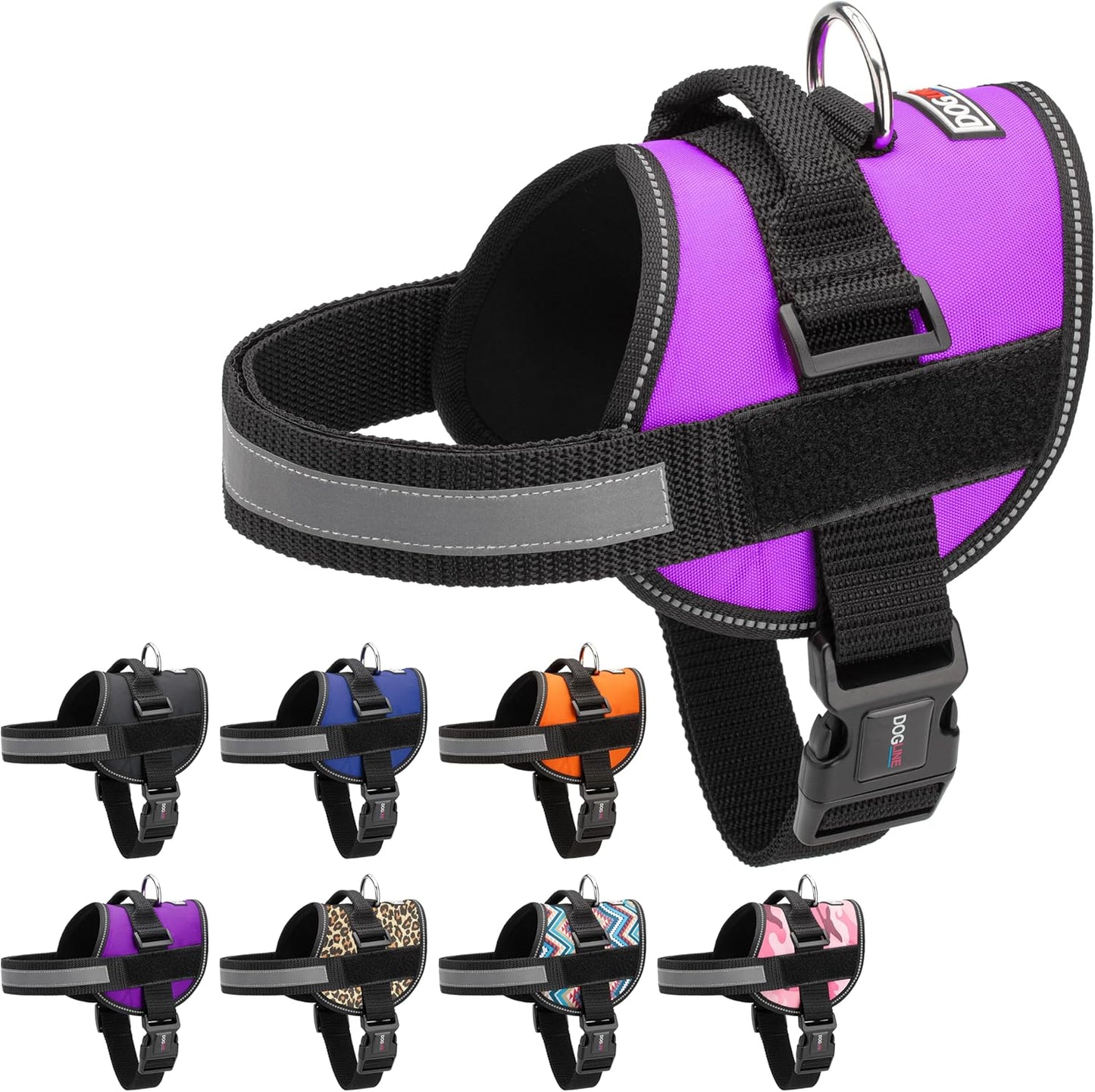 Dogline Dog Harness, Reflective No-Pull Adjustable Vest with Handle for Walking, Training, Breathable, No - Choke Harness for Small, Medium or Large Dogs Room for Patches Girth 33"-46" in Purple