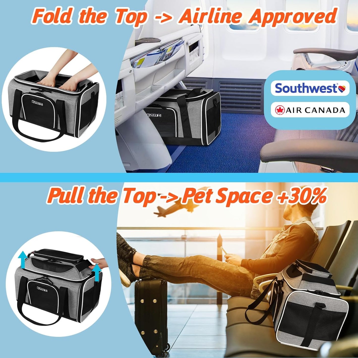 Petskd Top-Expandable Pet Carrier 18x13x9.5 Inches Southwest Airline Approved, Soft-Sided Carrier for Small Cats and Dogs with Locking Safety Zippers and Anti-Scratch Mesh(Grey)