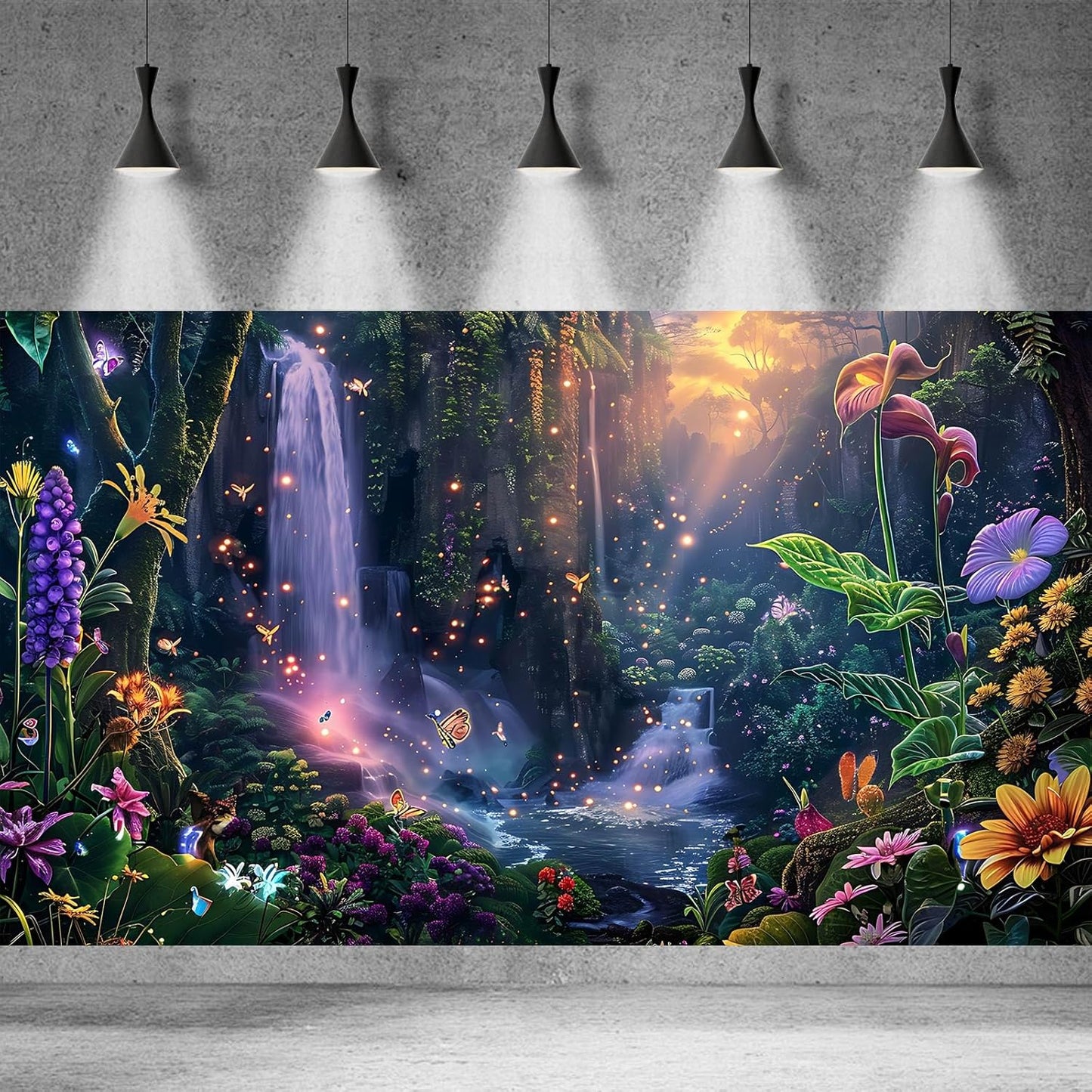 Fantasy Garden Aquarium Background Sunset Waterfall and Flowers Terrarium Backdrop Tropical Forest Lush Plant Magic Butterfly Lights Flowers Fish Tank Background Poster Decorations 24x12in