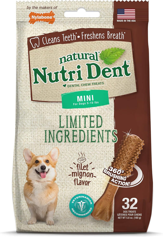 Nylabone Nutri Dent Dog Dental Chews - Natural Dog Teeth Cleaning & Breath Freshener - Dental Treats for Dogs - Filet Mignon Flavor, Mini (32 Count)