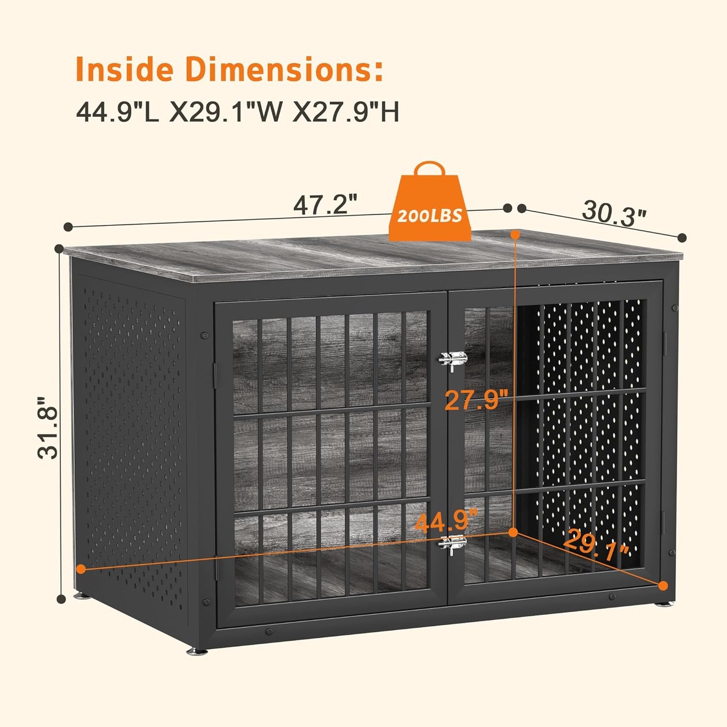 48" Heavy Duty Dog Crate Furniture for Extra Large Dogs, Metal Cage for High Anxiety Dogs, Wooden Kennel Furniture Indoor, Decorative Dog Kennel End Table, XL