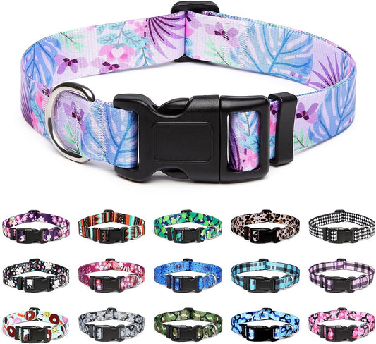 Mercano Adjustable Dog Collar - Special Design Patterns, Soft Nylon Comfortable Sturdy Pet Collar for Small Medium Large Dogs (M, Floral Purple)
