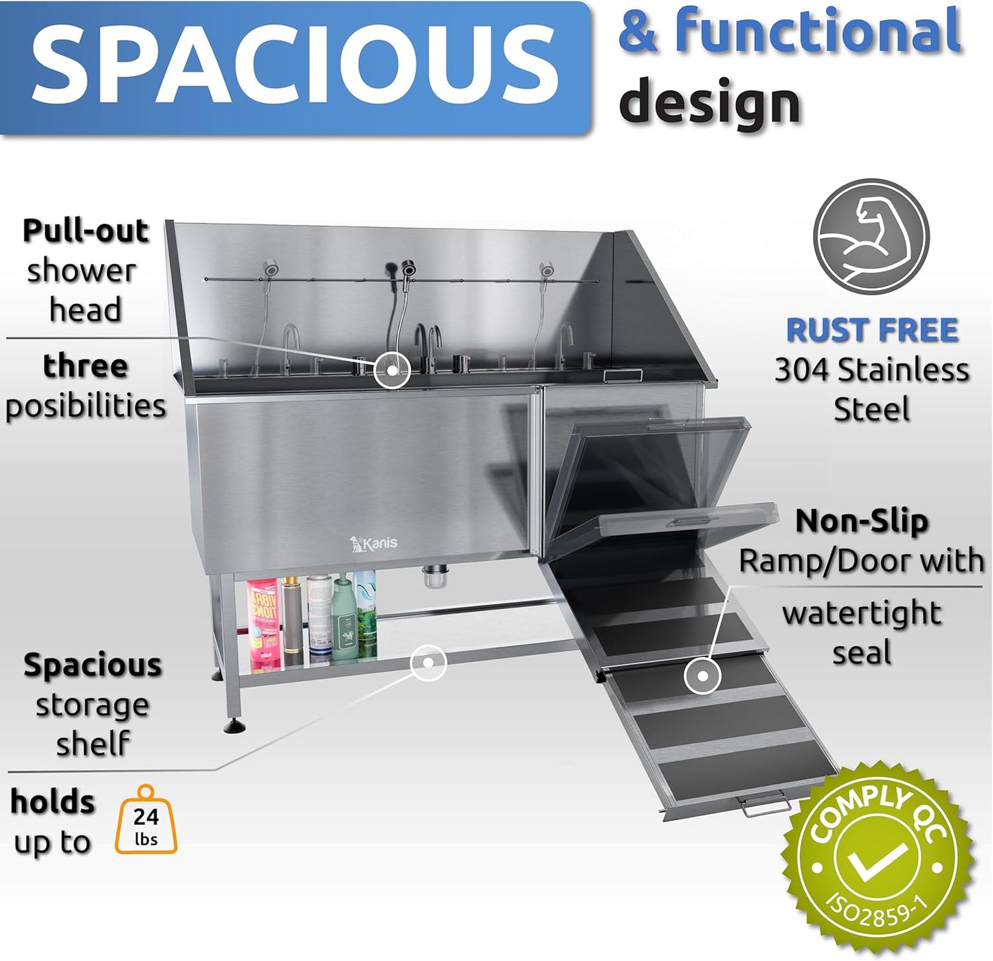 KANIS Professional Dog Washing Station - 304 Stainless Steel Pet Wash Sink & Grooming Bath Tub for Home with Ramp, Shower, Floor Grate, Storage Shelf, Faucet, Drain Kit for Large, Medium & Small Pets