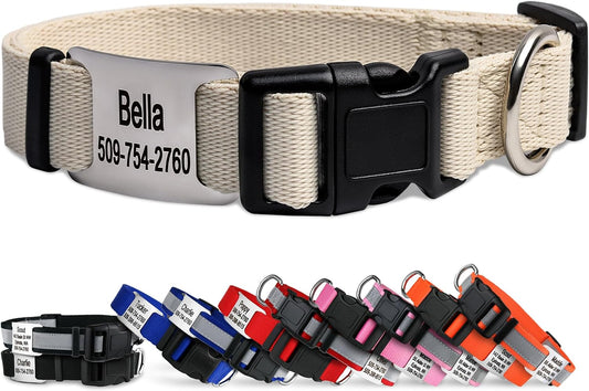 GoTags Personalized Dog Collar with Nameplate, Adjustable Dog Collar with Custom Engraved Slide On Pet ID Tag in Stainless Steel, Silent, No Noise Dog Tag (Beige, Small)