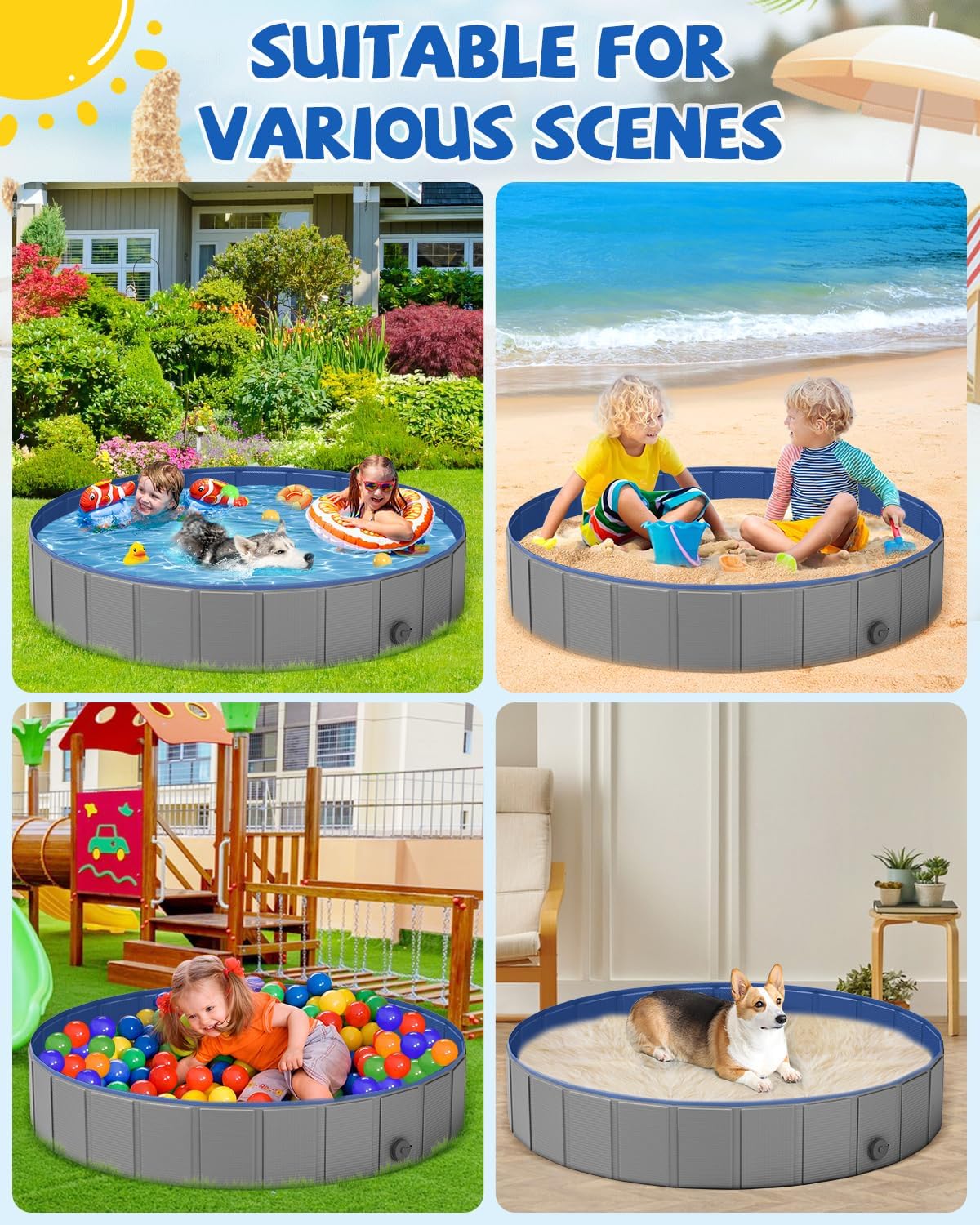 YSJILIDE Portable Dog Pool PVC Pet Swimming Pool Bathtub Collapsible Dog Pool, Hard Plastic Pool for Pets to Swim and Bath (M-39"x 12" Dark Grey)