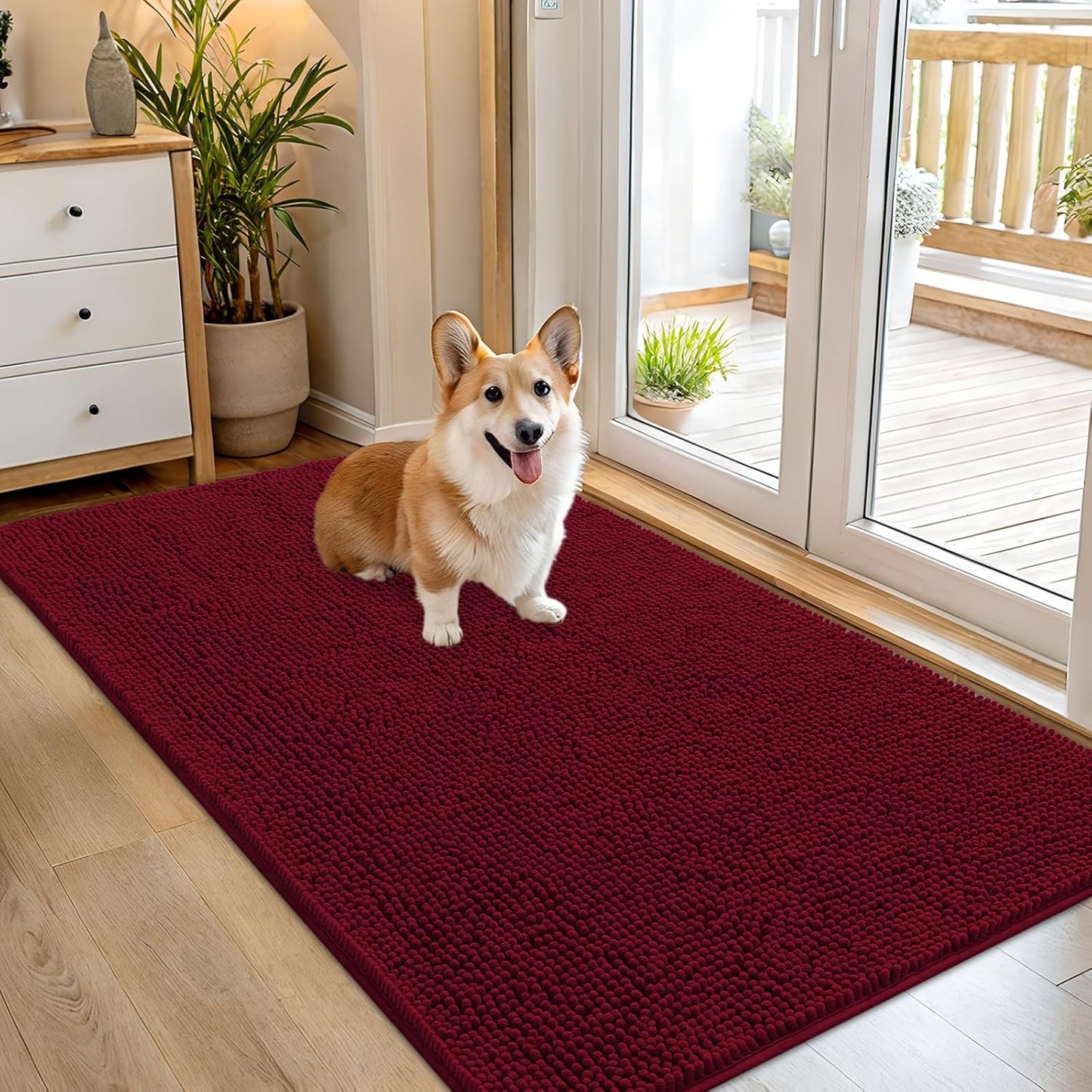 OLANLY Dog Door Mat for Muddy Paws 54x32, Absorbs Moisture and Dirt, Absorbent Non-Slip Washable Doormat, Quick Dry Chenille Mud Mat for Dogs, Entry Indoor Entryway Carpet for Inside Floor, Burgundy