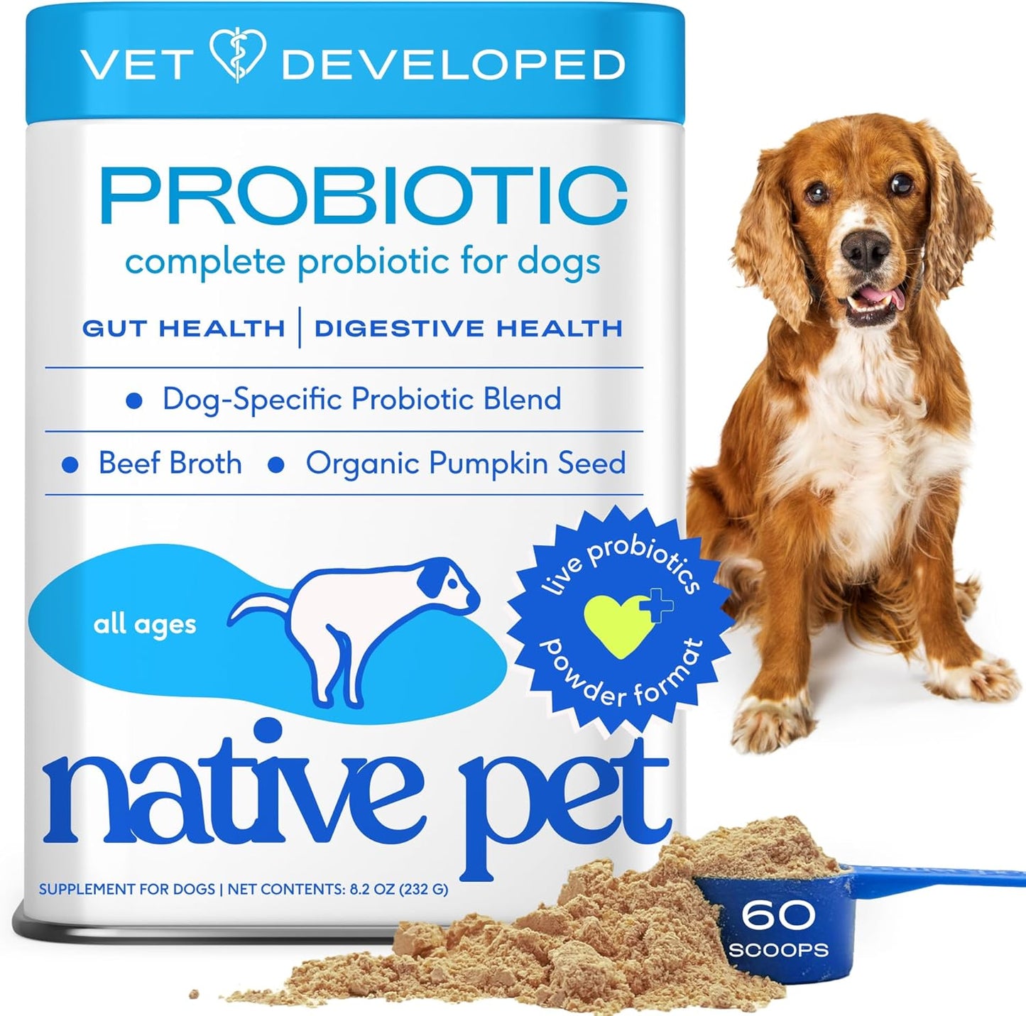 Native Pet Probiotics for Dogs - Dog Probiotics Powder for Digestive Health, Gut Support, & Immune Boost – Vet-Formulated Powder for Maximum Potency with Digestive Enzymes & Prebiotics - 60 Scoops