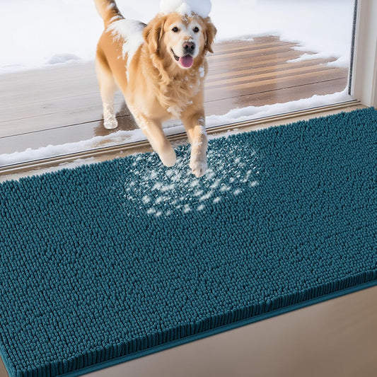 Extra Large Dog Door Mats for Muddy Paws, Chenille Absorbent Dog Mats, Non Slip Heavy Mud Mat for Dogs, Soft Pet Mat for Entryway, Mud Paws, Inside Floor,71" x 25", Teal Blue