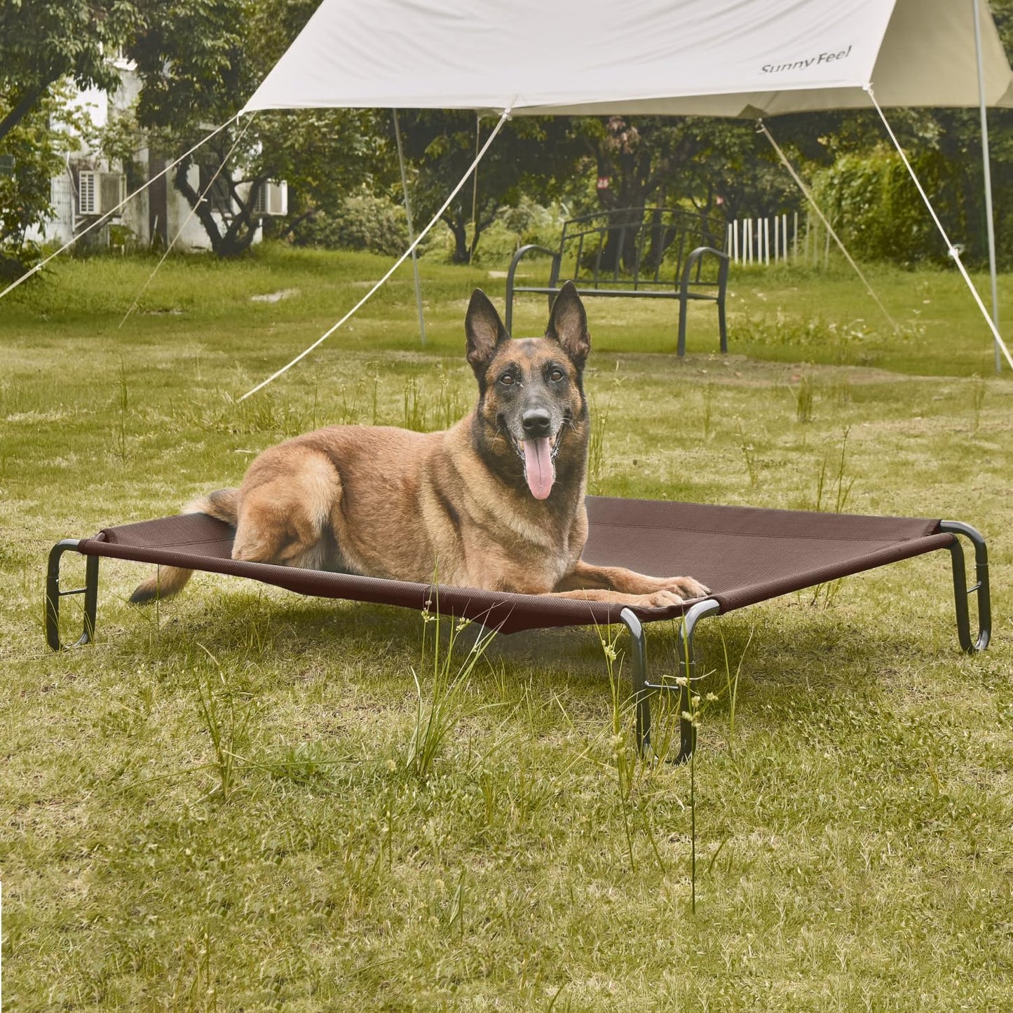 pettycare Elevated Outdoor Dog Bed - Raised Cots for Large Dogs, Waterproof Pet Bed Easy to Assemble, Cooling with Breathable Teslin Mesh, Durable, Non Slip, Up to 65 lbs, Brown