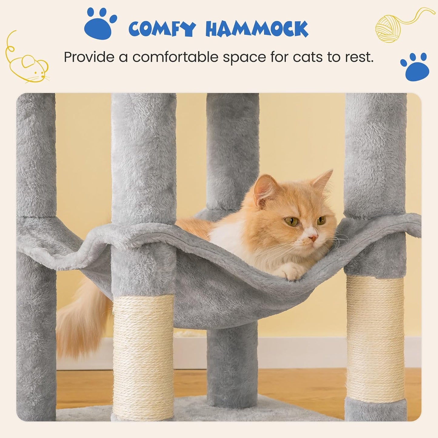 MWPO 63.8 inches Multi-Level Cat Tree for Large Cats with Sisal-Covered Scratching Posts, Padded Platform, Hammock and Condo,Stable Cat Tower Cat Condo Pet Play House-Light Gray
