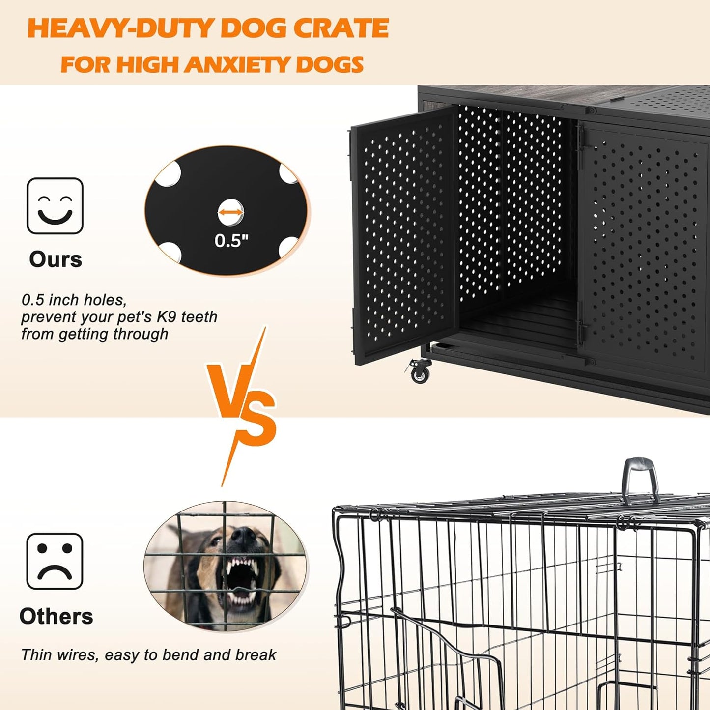 42" Heavy Duty Dog Crate Furniture for Medium and Large Dogs, Enclosed Design with 0.5 inch Holes, Indestructible Metal Kennel for High Anxiety Dogs, Chew Proof Indoor Pet House Cage, Gray