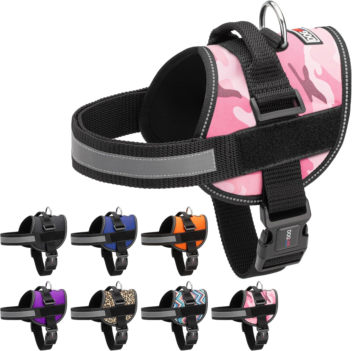 Dogline Dog Harness, Reflective No-Pull Adjustable Vest with Handle, Breathable No-Choke Harness for Small, Medium or Large Dogs Room for Patches Girth 27 to 34 in Pink Camo