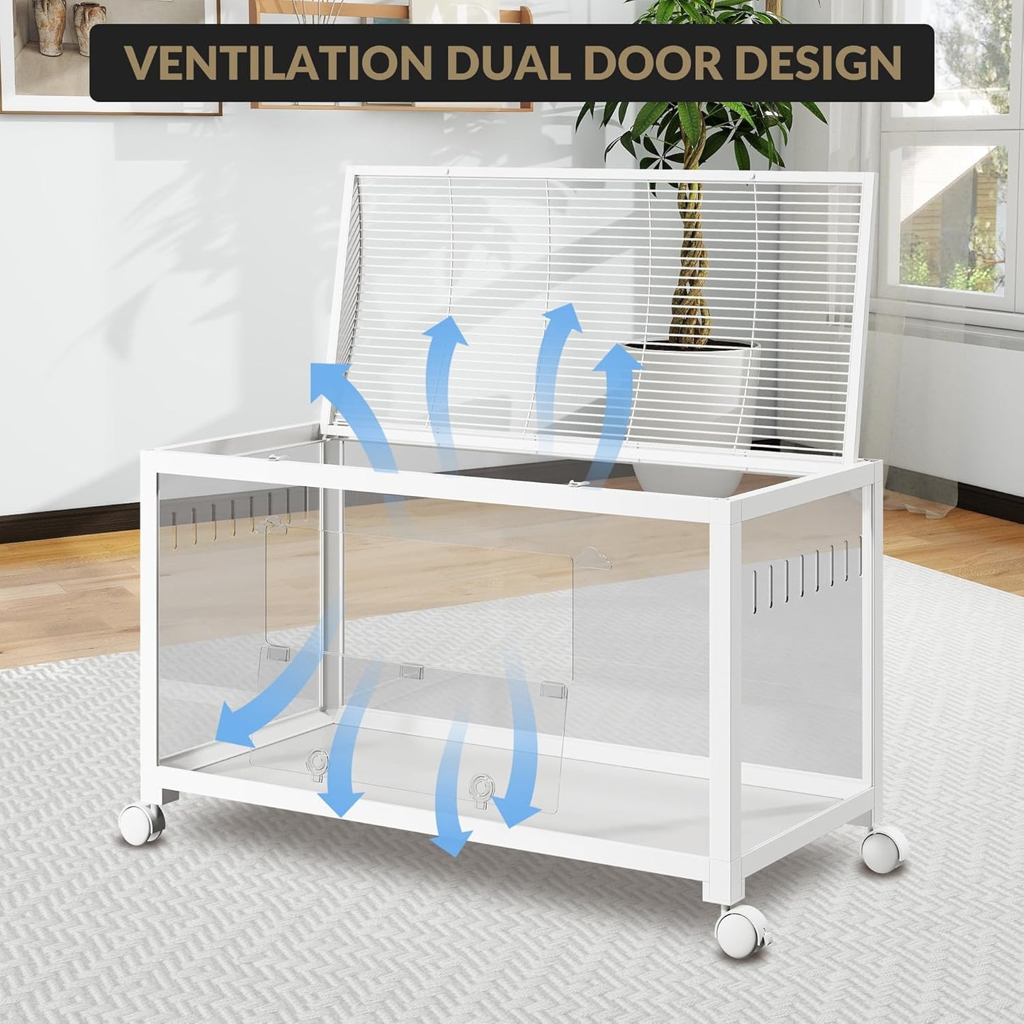 Large Metal Hamster Enclosure Rat Cage with 360 Viewing Acrylic Sides, Ventilated Front Door & Openable Top, Portable Hamster Tank for Guinea Pig, Chinchilla, Gerbil, 37.8''Lx18.5''Wx20''H White