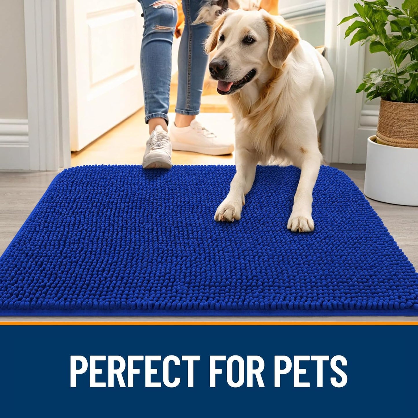 OLANLY Dog Door Mat for Muddy Paws 40x32, Absorbs Moisture and Dirt, Absorbent Non-Slip Washable Doormat, Quick Dry Chenille Mud Mat for Dogs, Entry Indoor Entryway Carpet for Inside Floor, Royal Blue