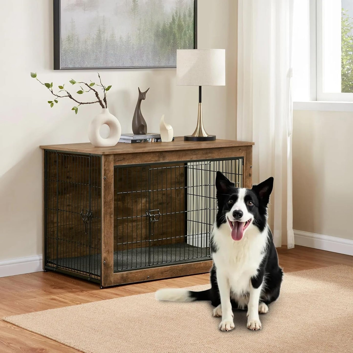 Dog Kennel Furniture, Wooden Dog Crate End Table, Heavy Duty Dog Crate, Decorative Pet Crate Dog Cage for Large Indoor Use (Rustic Brown) 39" L×26" W×27" H