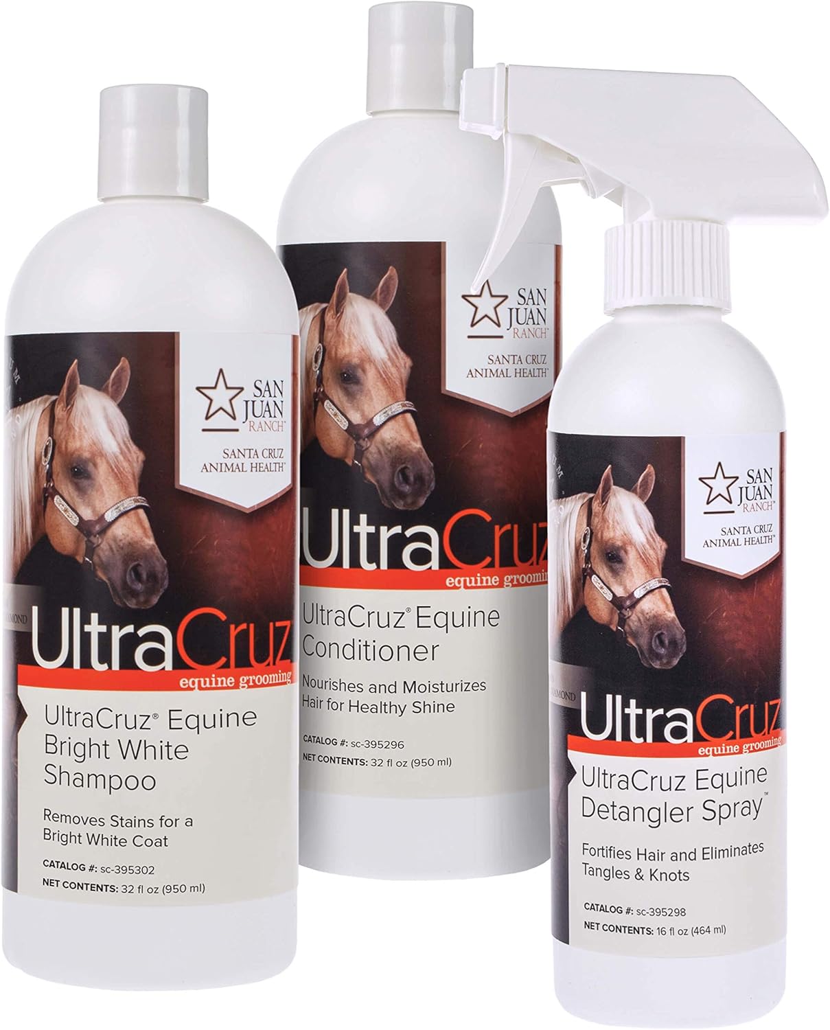 UltraCruz Equine Bright White Horse Shampoo & Conditioner Bundle, 32 oz Each with 16 oz Detangler