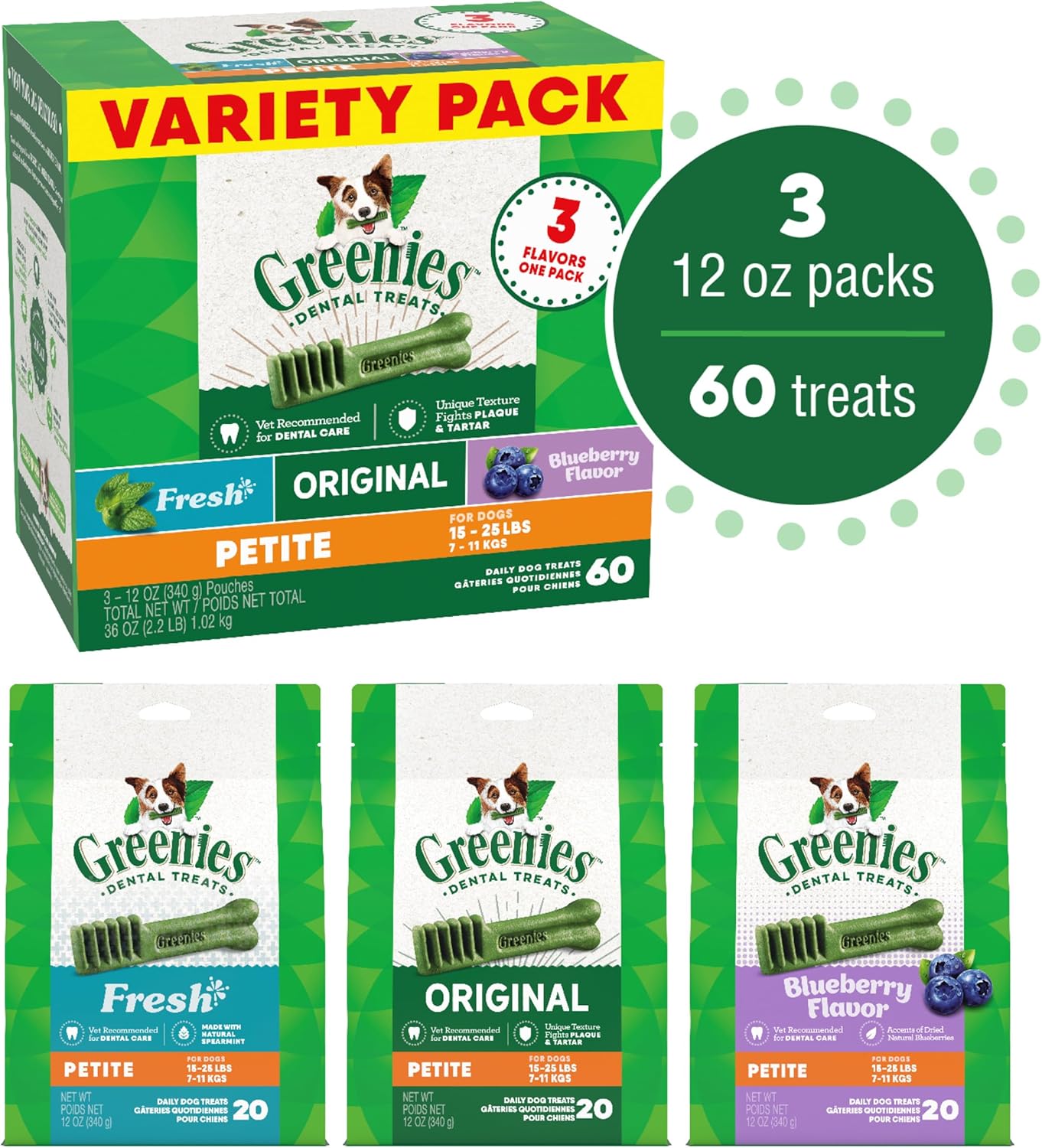 Greenies Petite Dental Dog Treats, 3-Flavor Variety Pack, (3) 12 oz. Pouches, 60 Total Treats