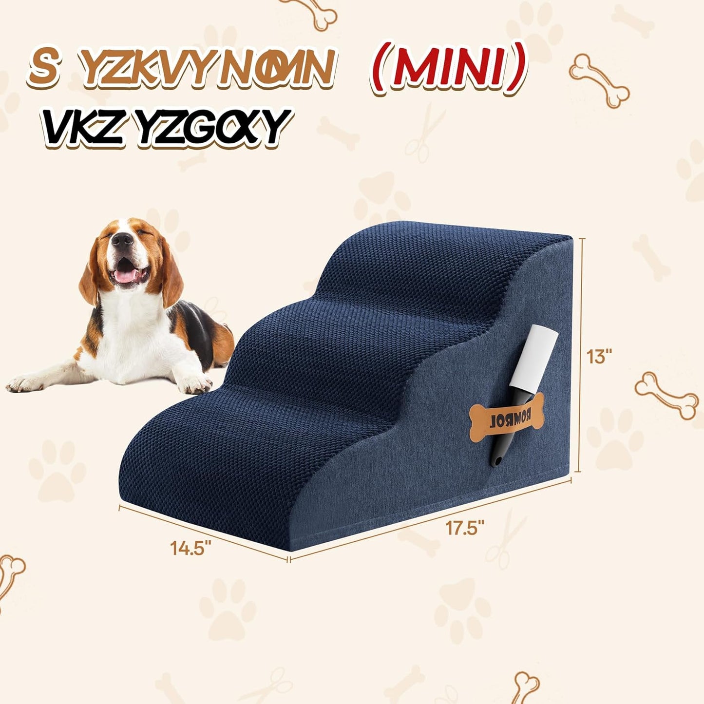 Romrol Dog Stairs Ramp for Beds Couches, Extra Wide Pet Steps with Durable Non-Slip Waterproof Fabric Cover, Dog Slope Stairs for Small Dogs and Cats or Pets Friendly, 3-Tiers, 13 Inch,Navy