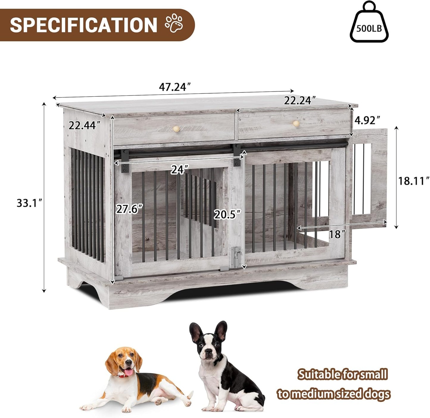 Dog Furniture Crate, 47" Large Dog Crate Furniture w/ 2 Storage Draws & Removable Divider for Large/Medium/Small Dogs (Grey, Double Cage)