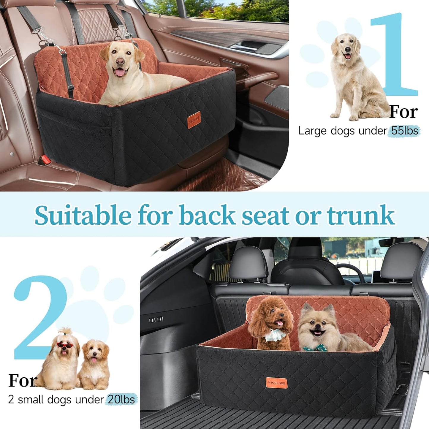 Dog Car Seat for Medium/Large Dogs, Pet Booster Seat for Under 55 lbs or 2 Small Dogs, Detachable & Washable Dog Car Bed for Backseat with 2 Safety Leashes(Black/Brown)