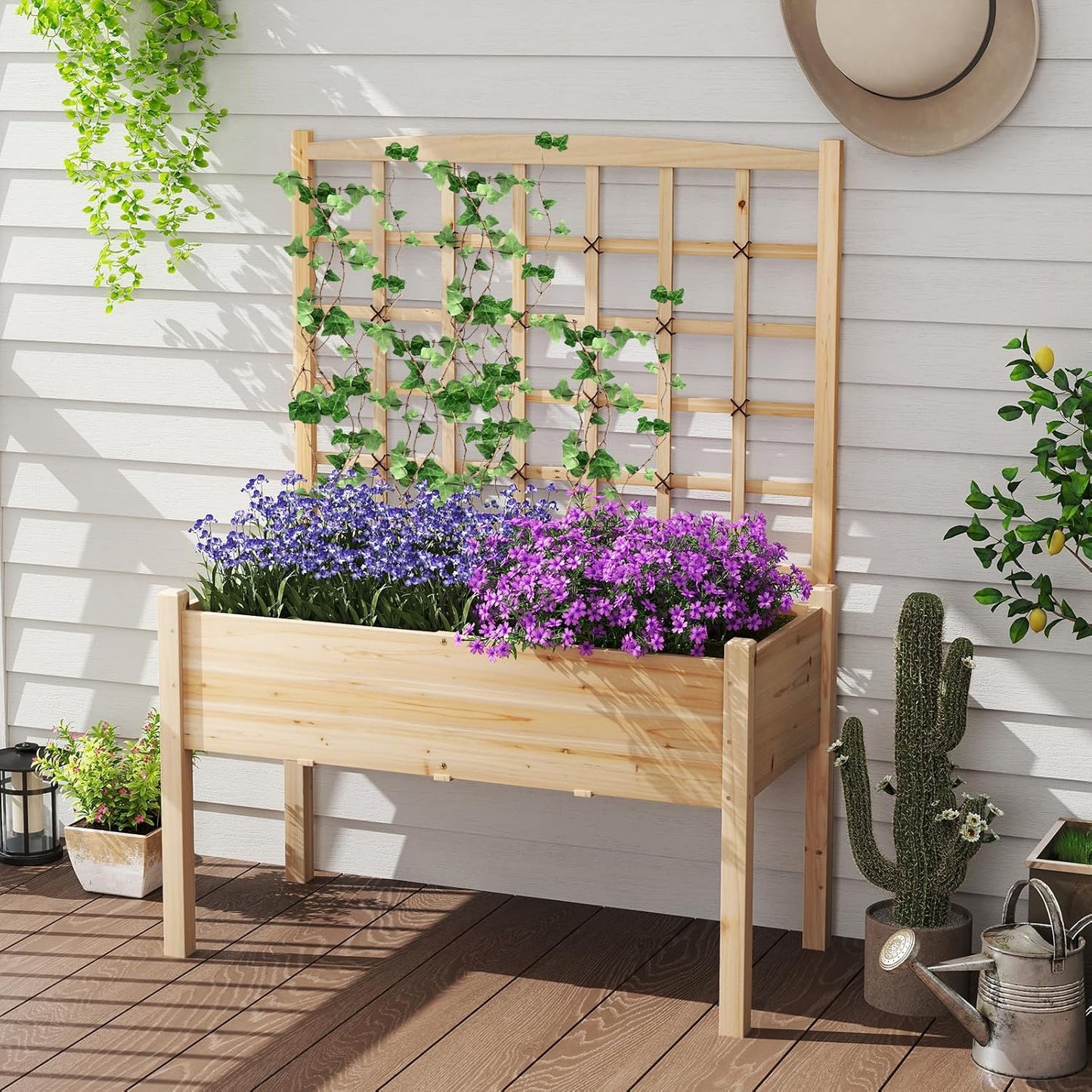 Giantex Raised Garden Bed with Trellis, Wooden Elevated Planter Box with Legs, Drainage Holes for Climbing Plants Vines Vegetables Flowers Herbs, Outdoor Horticulture Planter for Patio Yard (Natural)