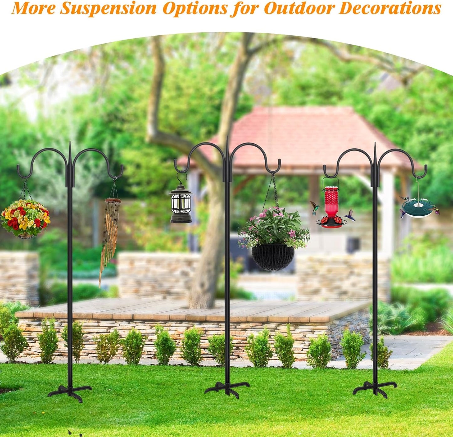 FEED GARDEN Adjustable Double Shepherds Hook for Outdoor with 5 Prong Base 92 Inch Heavy Duty Two Sided Bird Feeder Pole for Hanging Plant Baskets, Solar Light Lanterns, Wind Chimes 2 Pack