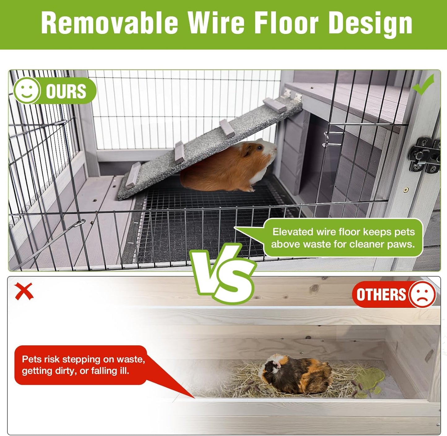 GUTINNEEN Wooden Guinea Pig Cages with Wheels for Indoor & Outdoor, 2-Story Rabbit Cage Bunny Hutch with Wire Mesh & Leakproof Pull-Out Tray for Guinea Pigs, Hamsters, Small Animals (Grey)