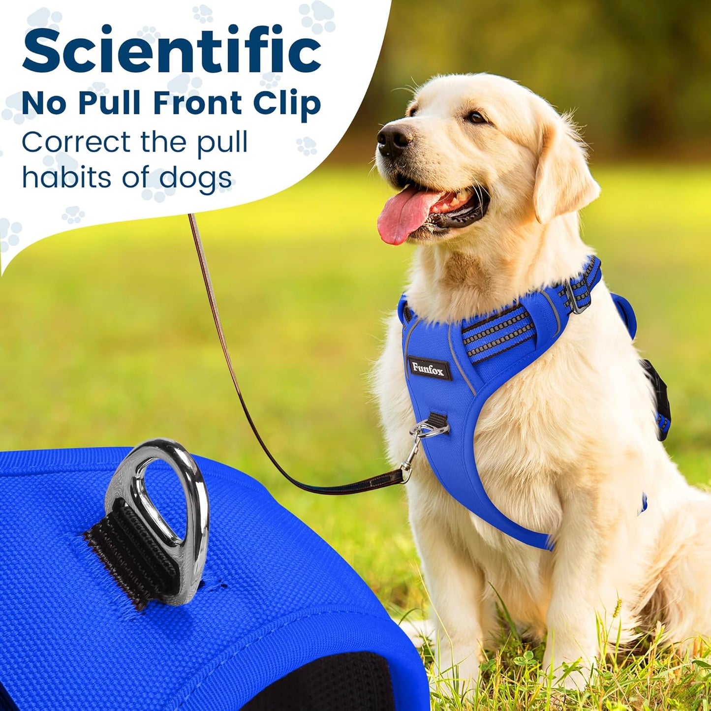 Funfox Dog Harness No Pull, Adjustable Pet Vest Harness, Super Soft Material with Vertical Handle Easy Control, Reflective Night Walking, 2 Leash Clips for XLarge Dogs, Blue, XL