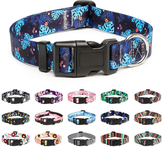 Mercano Adjustable Dog Collar - Special Design Patterns, Soft Nylon Comfortable Durable Pet Collar for Small Medium Large Dogs (L, Monstera)