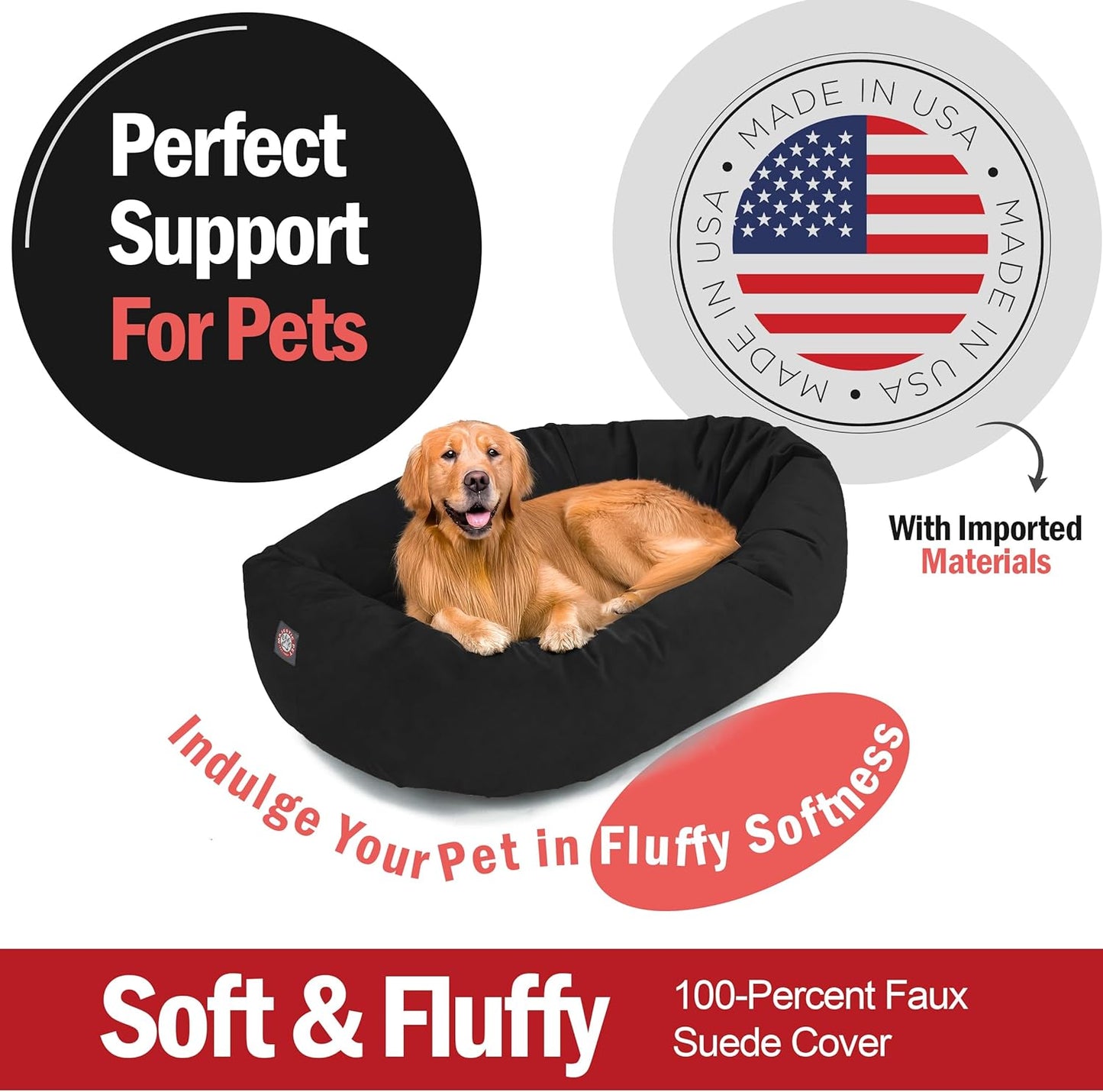 Majestic Pet 40 Inch Suede Calming Dog Bed Washable 40x29x9 (Inch) – Cozy Soft Round Donut Dog Bed with Spine Support for Dogs to Rest Their Head - Pet Bed Large – Black (2025)